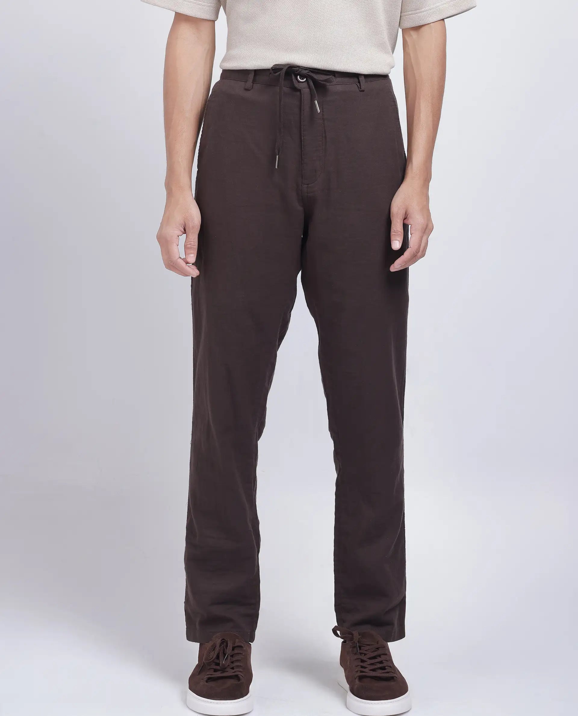 Rare Rabbit Men's Pastor-25 Brown Cotton Plain Regular Fit Trouser