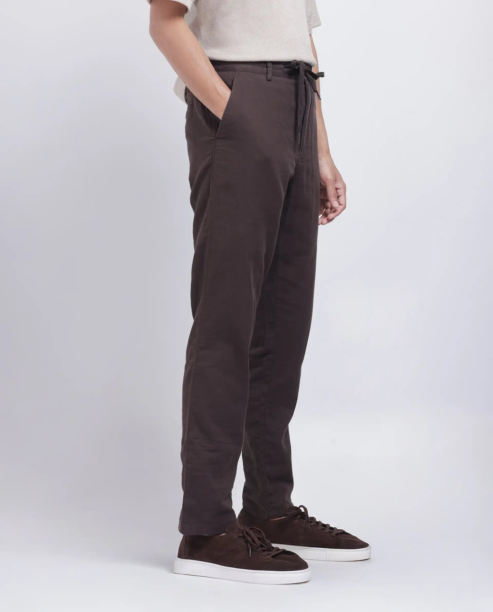 Rare Rabbit Men's Pastor-25 Brown Cotton Plain Regular Fit Trouser