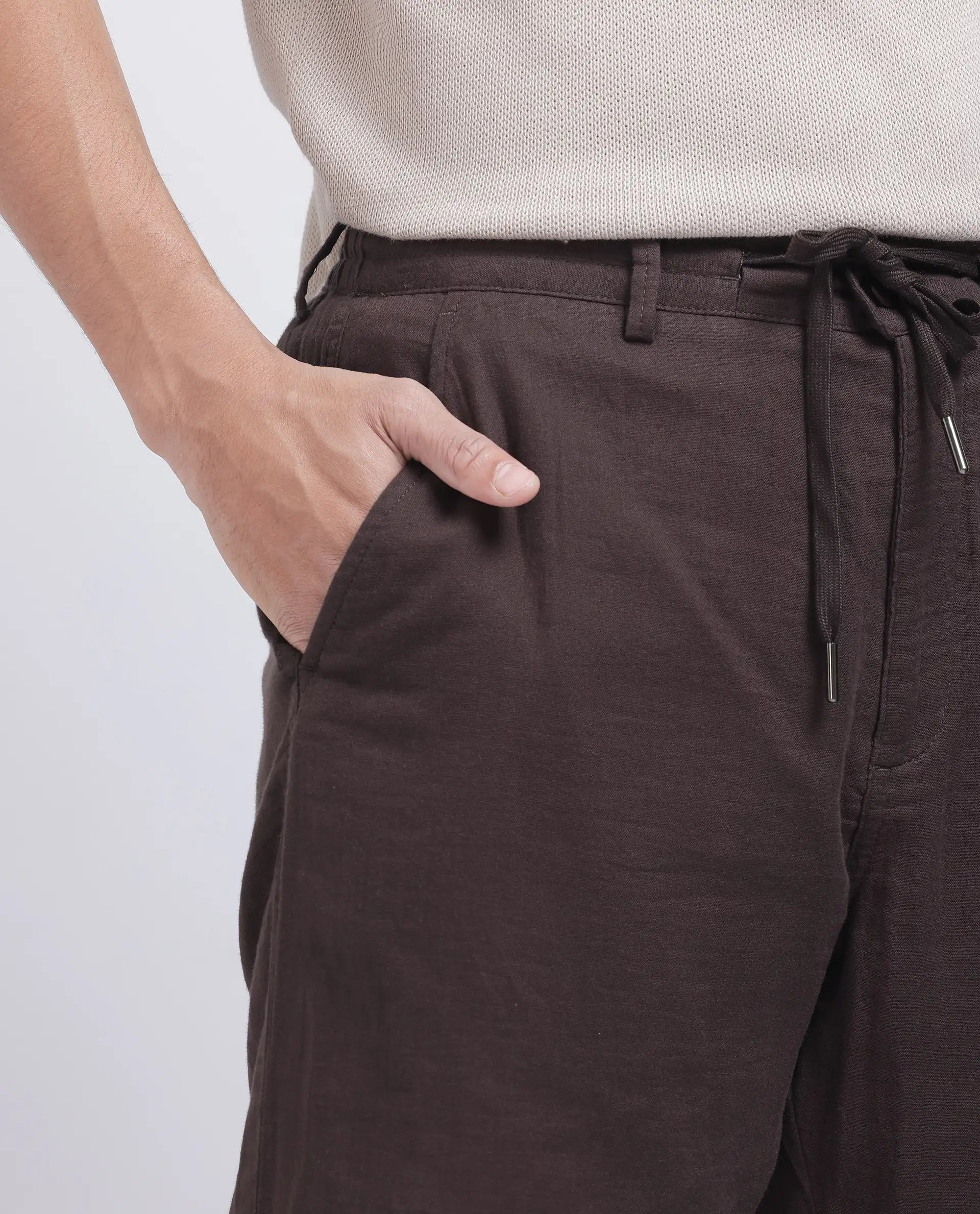 Rare Rabbit Men's Pastor-25 Brown Cotton Plain Regular Fit Trouser