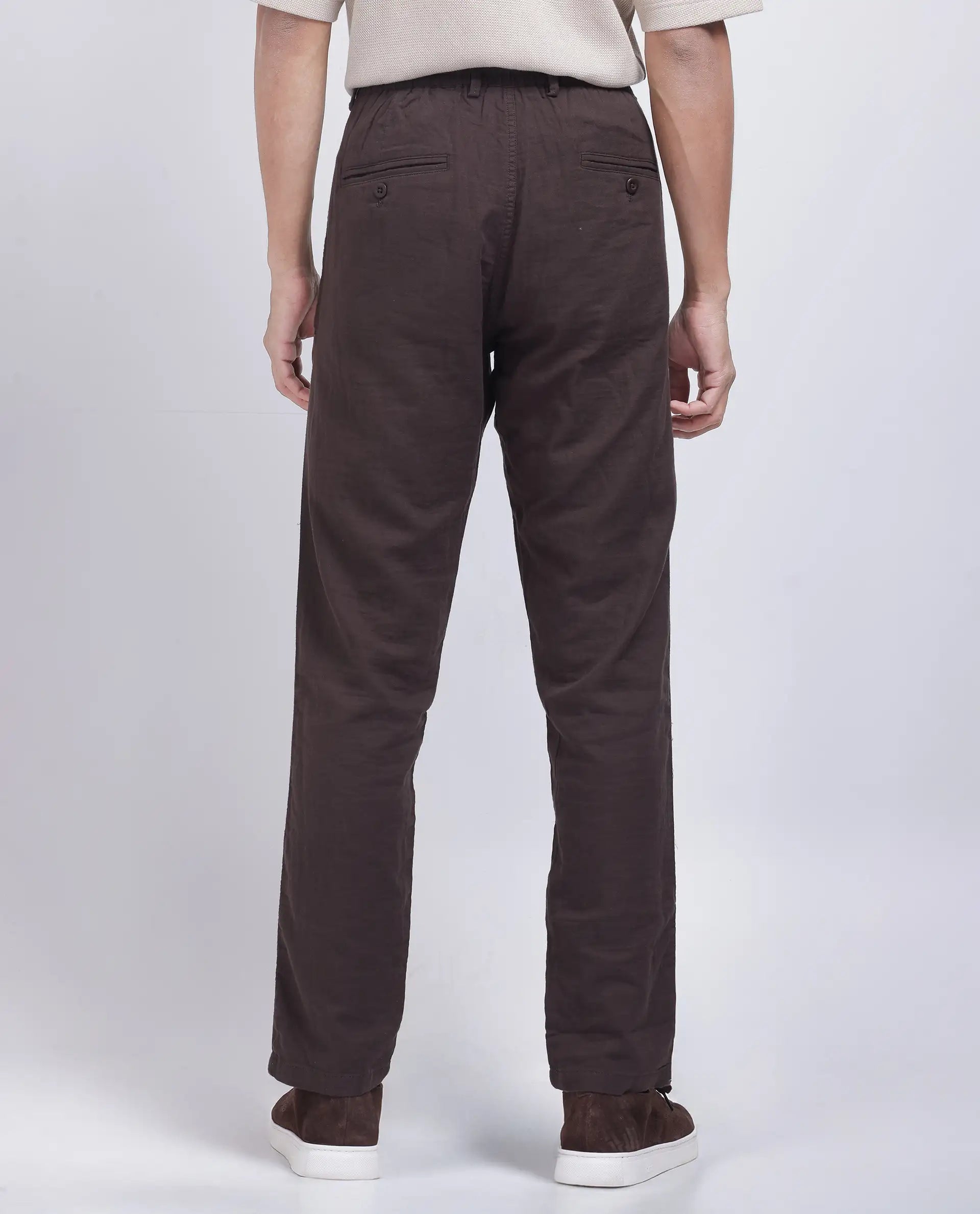 Rare Rabbit Men's Pastor-25 Brown Cotton Plain Regular Fit Trouser