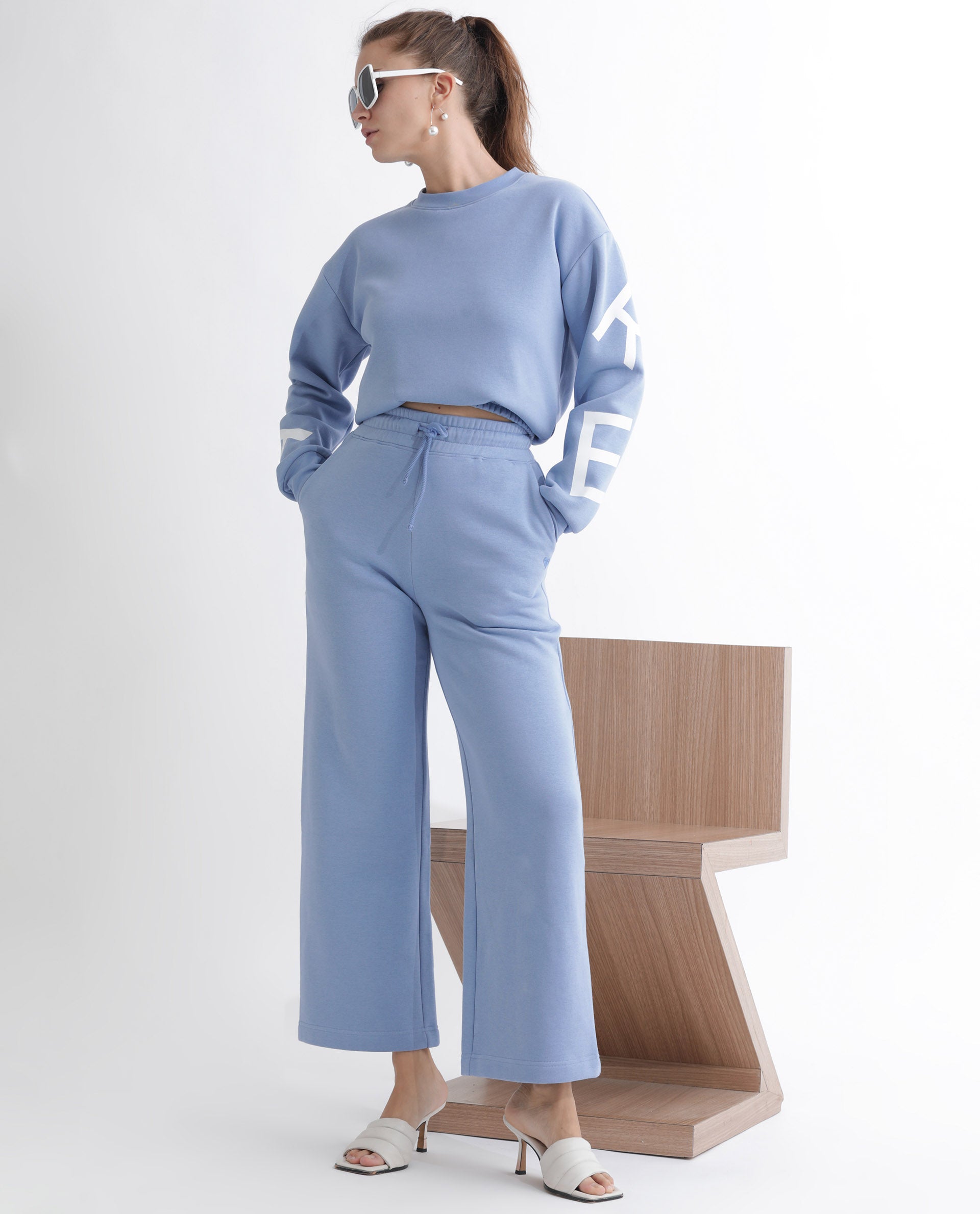 Rareism Women's Pazoo F Light Blue Cotton Blend Plain Ankle Length Flared Track Pant