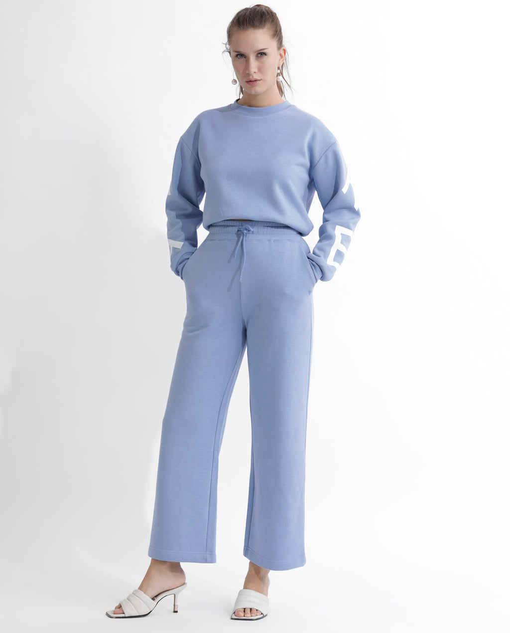 Rareism Women's Pazoo F Light Blue Cotton Blend Plain Ankle Length Flared Track Pant