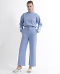 Rareism Women's Pazoo F Light Blue Cotton Blend Plain Ankle Length Flared Track Pant