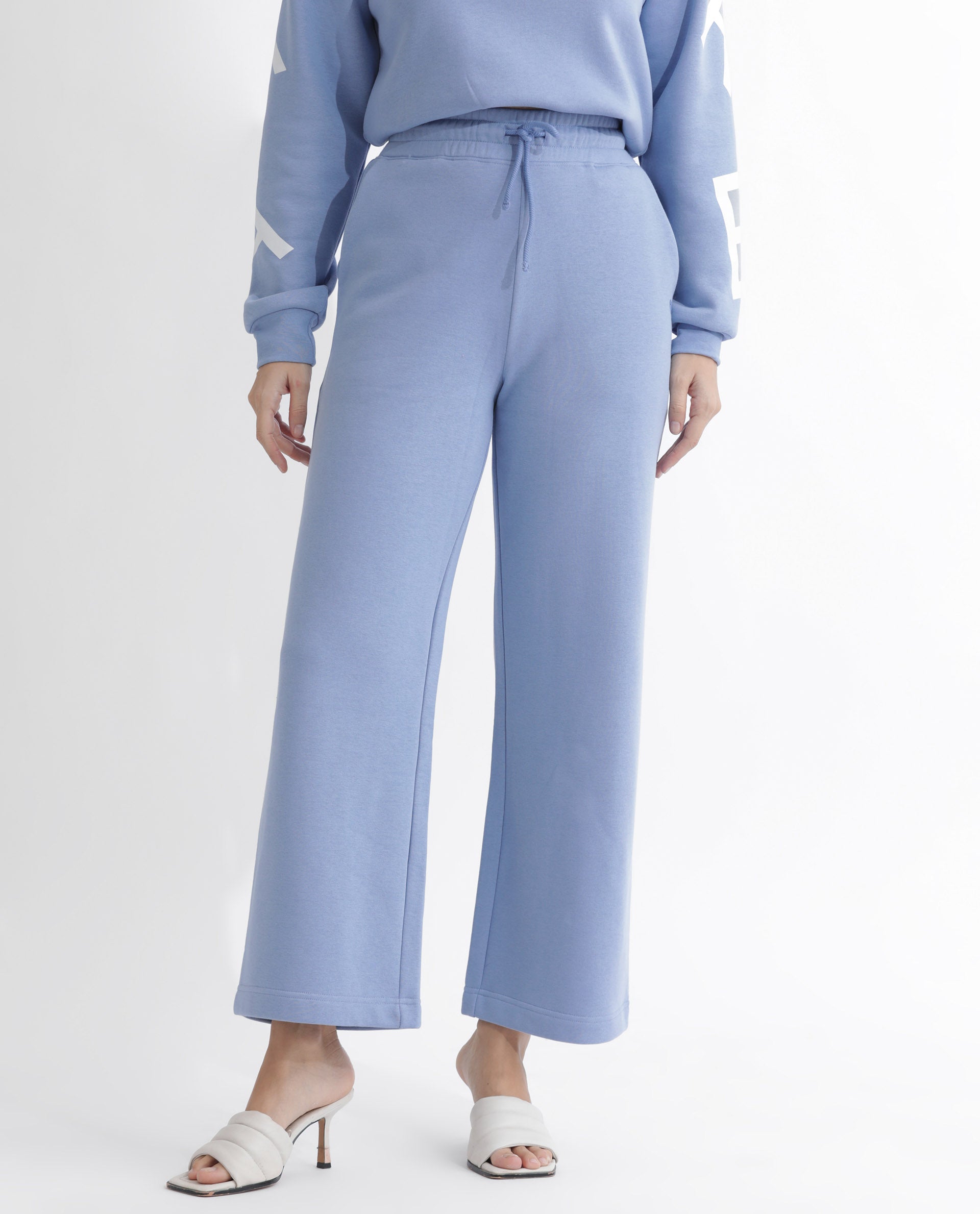Rareism Women's Pazoo F Light Blue Cotton Blend Plain Ankle Length Flared Track Pant