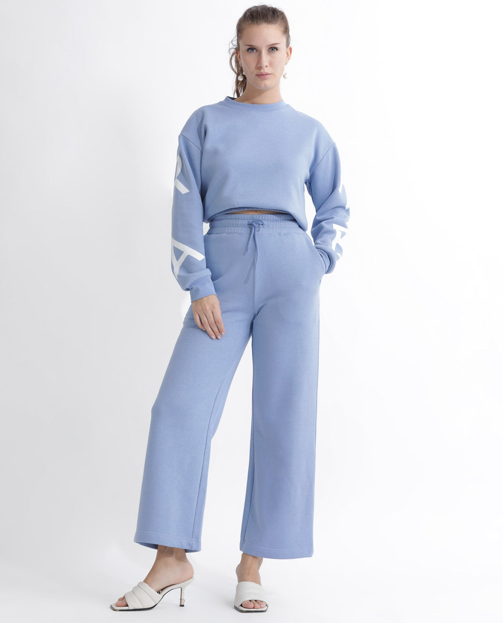 Rareism Women's Pazoo F Light Blue Cotton Blend Plain Ankle Length Flared Track Pant