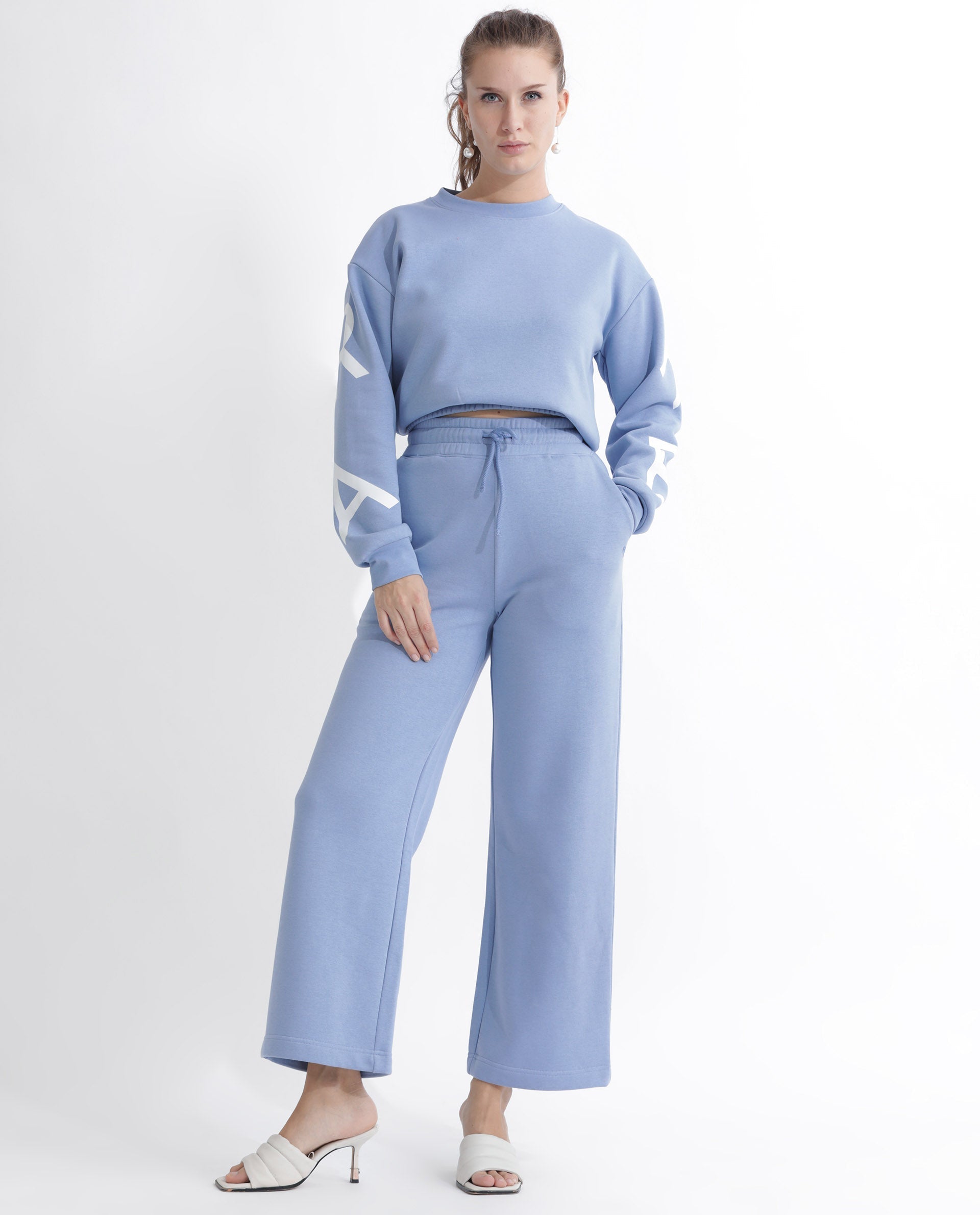 Rareism Women's Pazoo F Light Blue Cotton Blend Plain Ankle Length Flared Track Pant