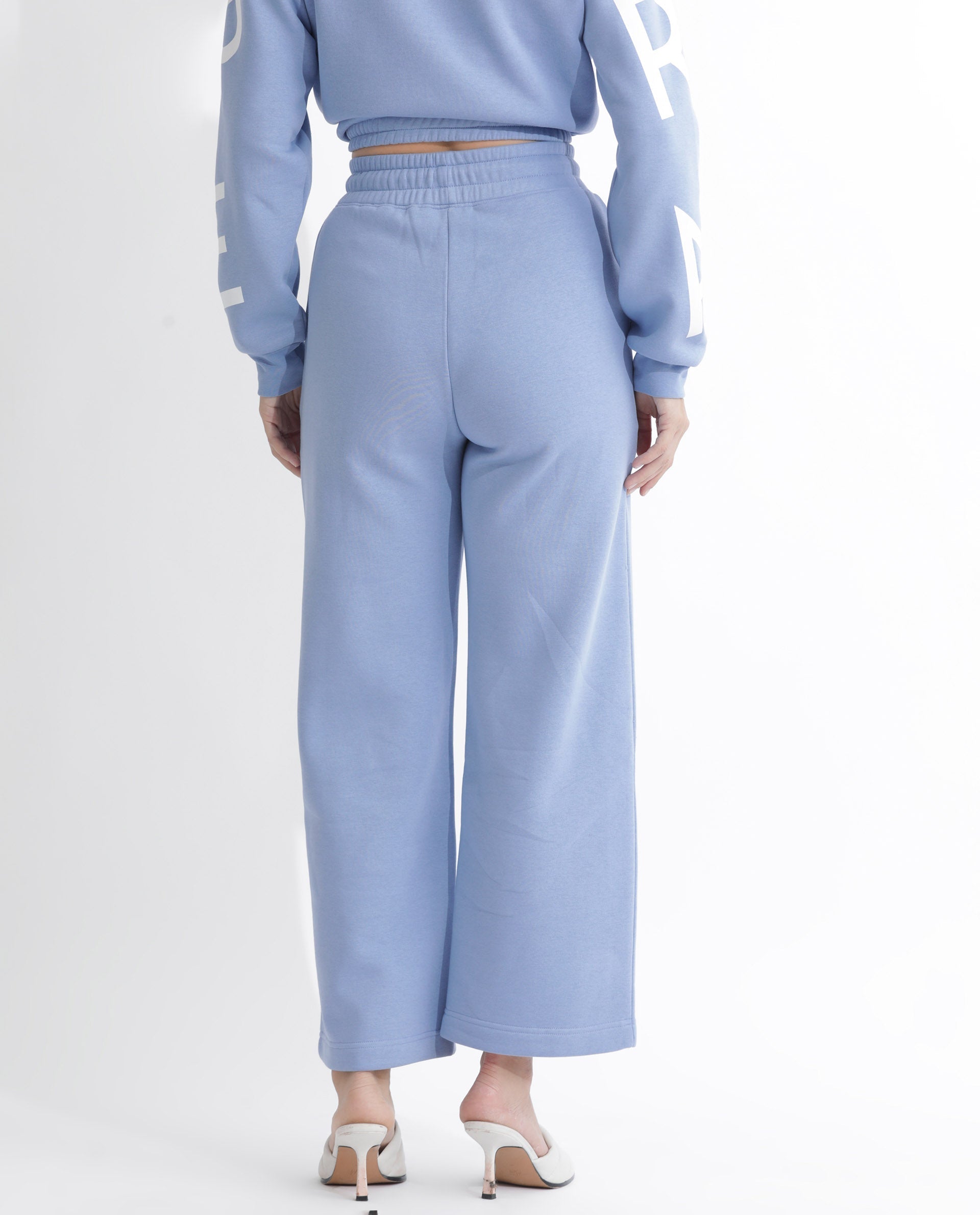 Rareism Women's Pazoo F Light Blue Cotton Blend Plain Ankle Length Flared Track Pant