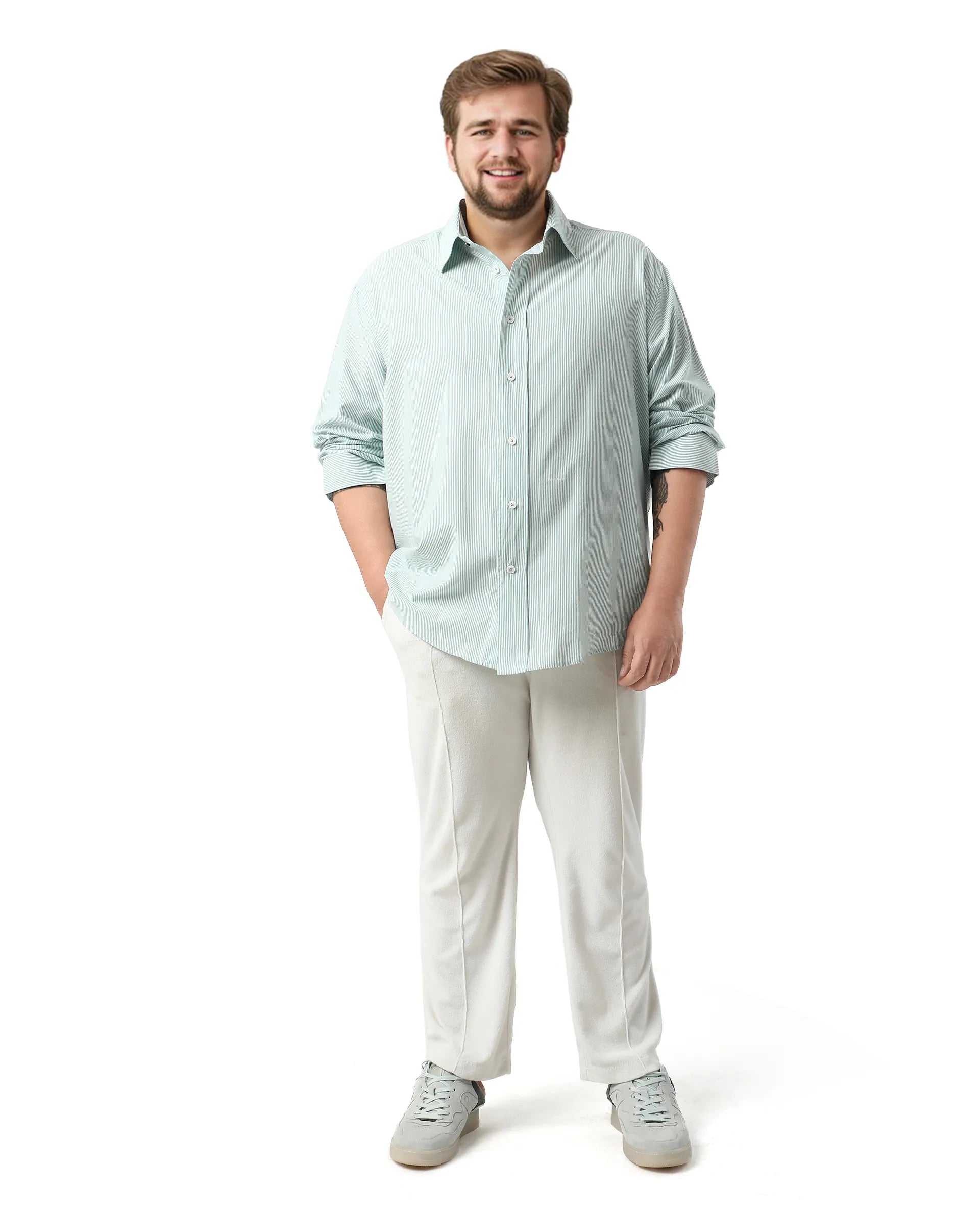 Rare Rabbit Men's Pluf Big Dusky Green Cotton Blend Fabric Full Sleeve Spread Collar Button Closure Regular Fit Striped Shirt