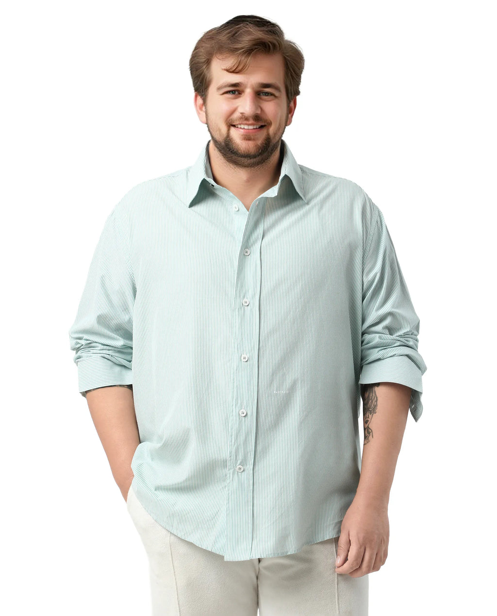 Rare Rabbit Men's Pluf Big Dusky Green Cotton Blend Fabric Full Sleeve Spread Collar Button Closure Regular Fit Striped Shirt