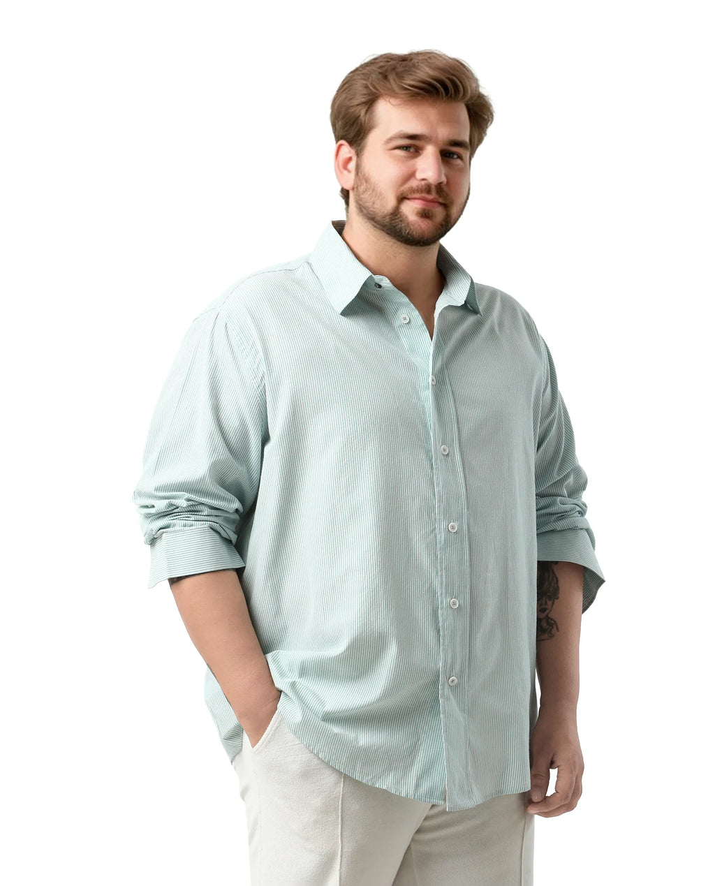 Rare Rabbit Men's Pluf Big Dusky Green Cotton Blend Fabric Full Sleeve Spread Collar Button Closure Regular Fit Striped Shirt