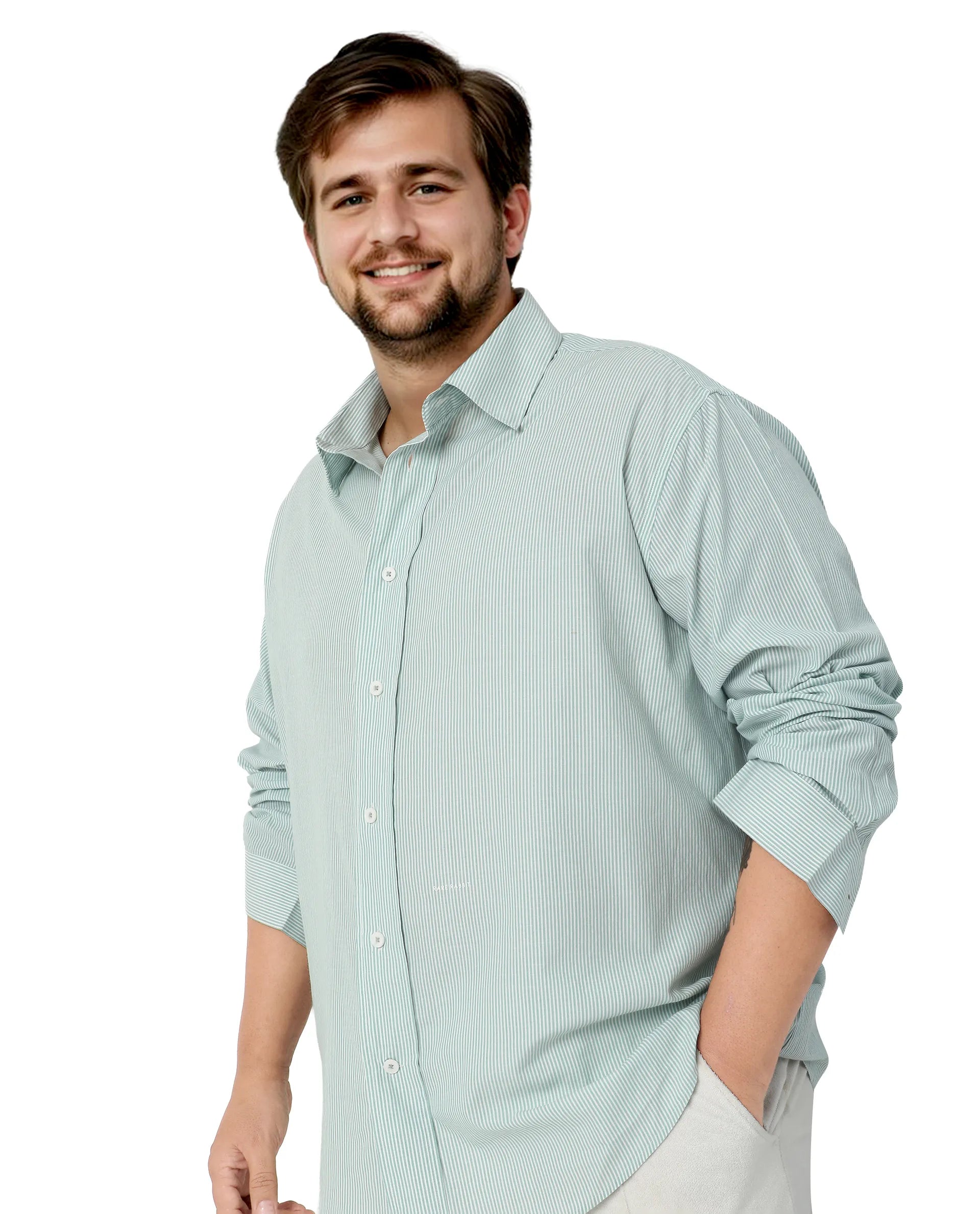 Rare Rabbit Men's Pluf Big Dusky Green Cotton Blend Fabric Full Sleeve Spread Collar Button Closure Regular Fit Striped Shirt