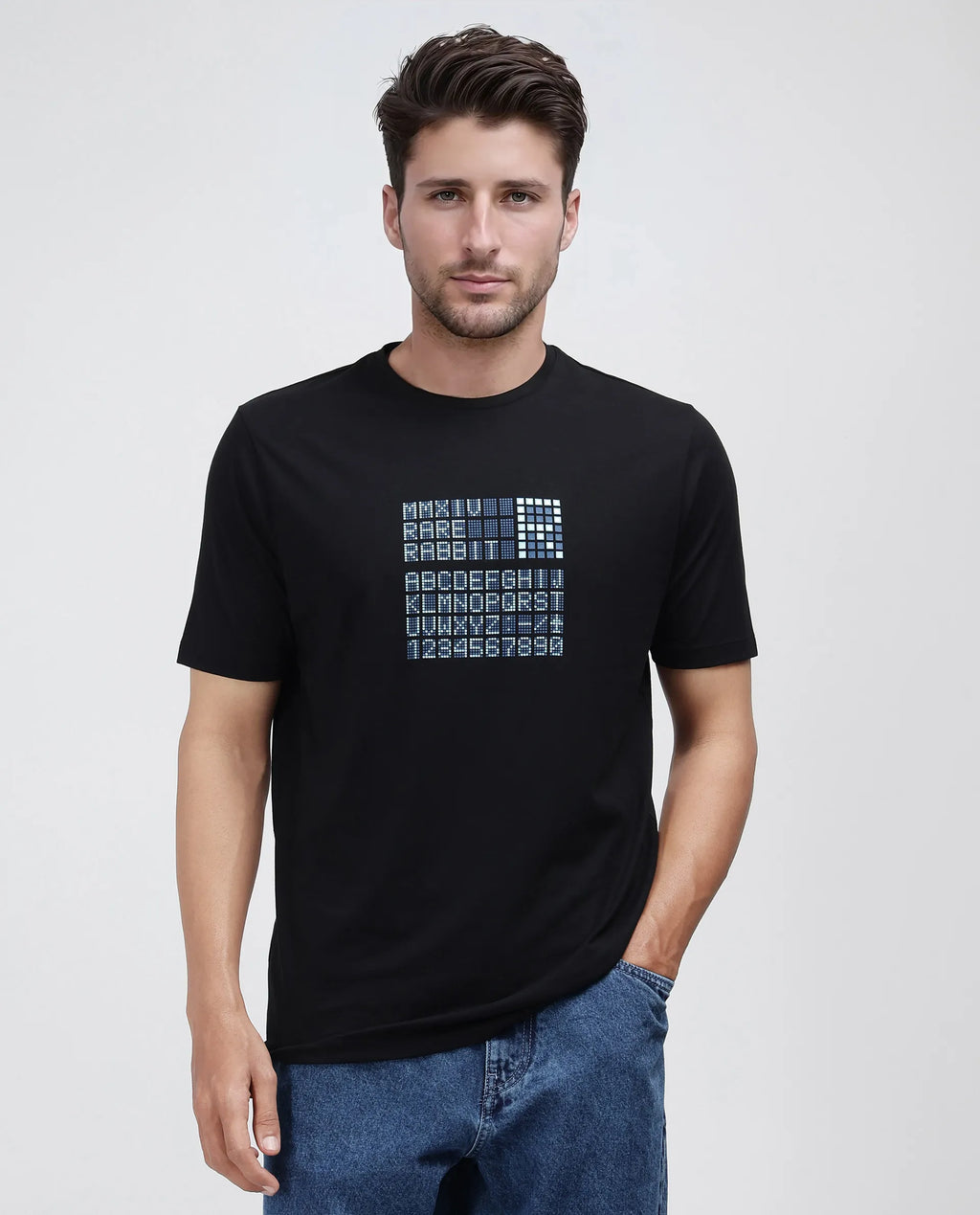 Rare Rabbit Men's Pol Black Cotton Graphic Print Regular Fit Half Sleeve Crew Neck T-Shirt