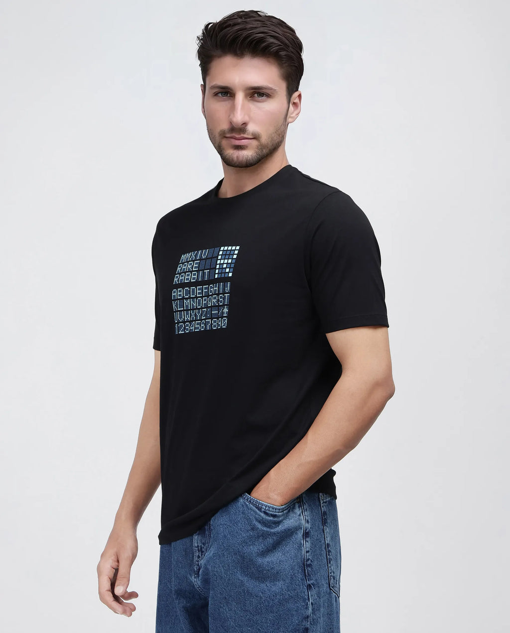 Rare Rabbit Men's Pol Black Cotton Graphic Print Regular Fit Half Sleeve Crew Neck T-Shirt
