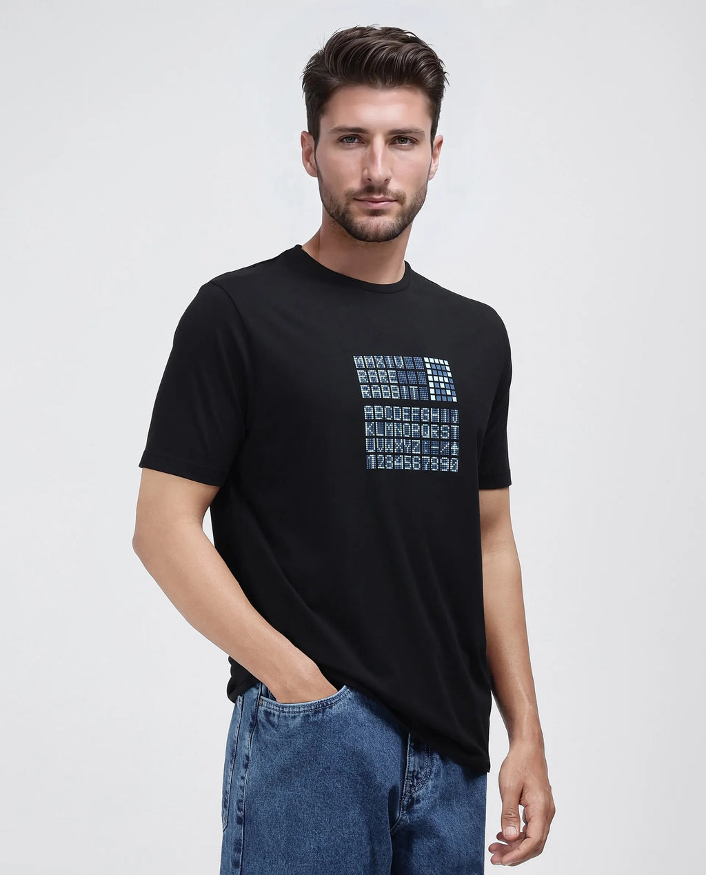 Rare Rabbit Men's Pol Black Cotton Graphic Print Regular Fit Half Sleeve Crew Neck T-Shirt