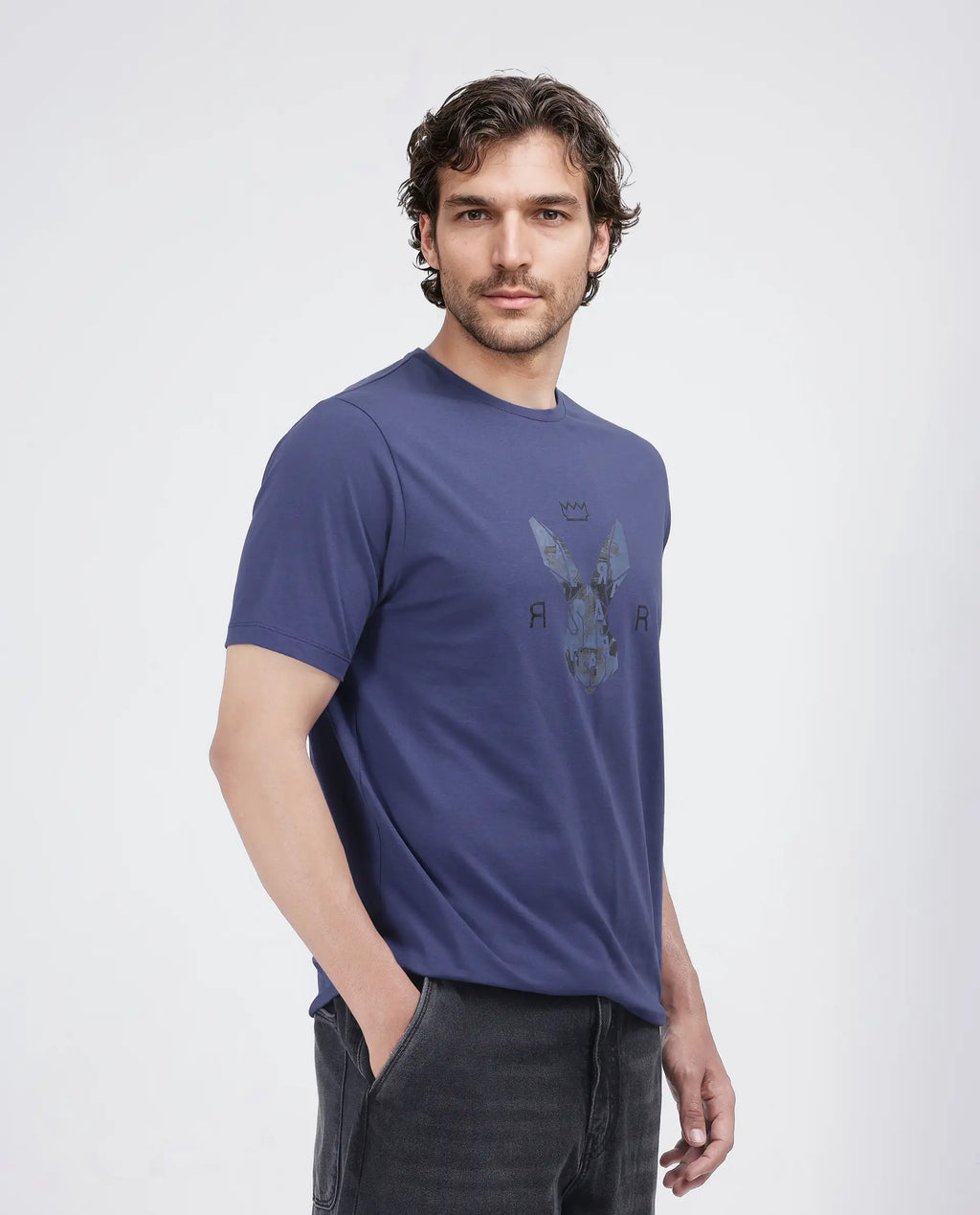 Rare Rabbit Men's Qaz Dark Blue Cotton Blend Graphic Print Regular Fit Half Sleeve Crew Neck T-Shirt
