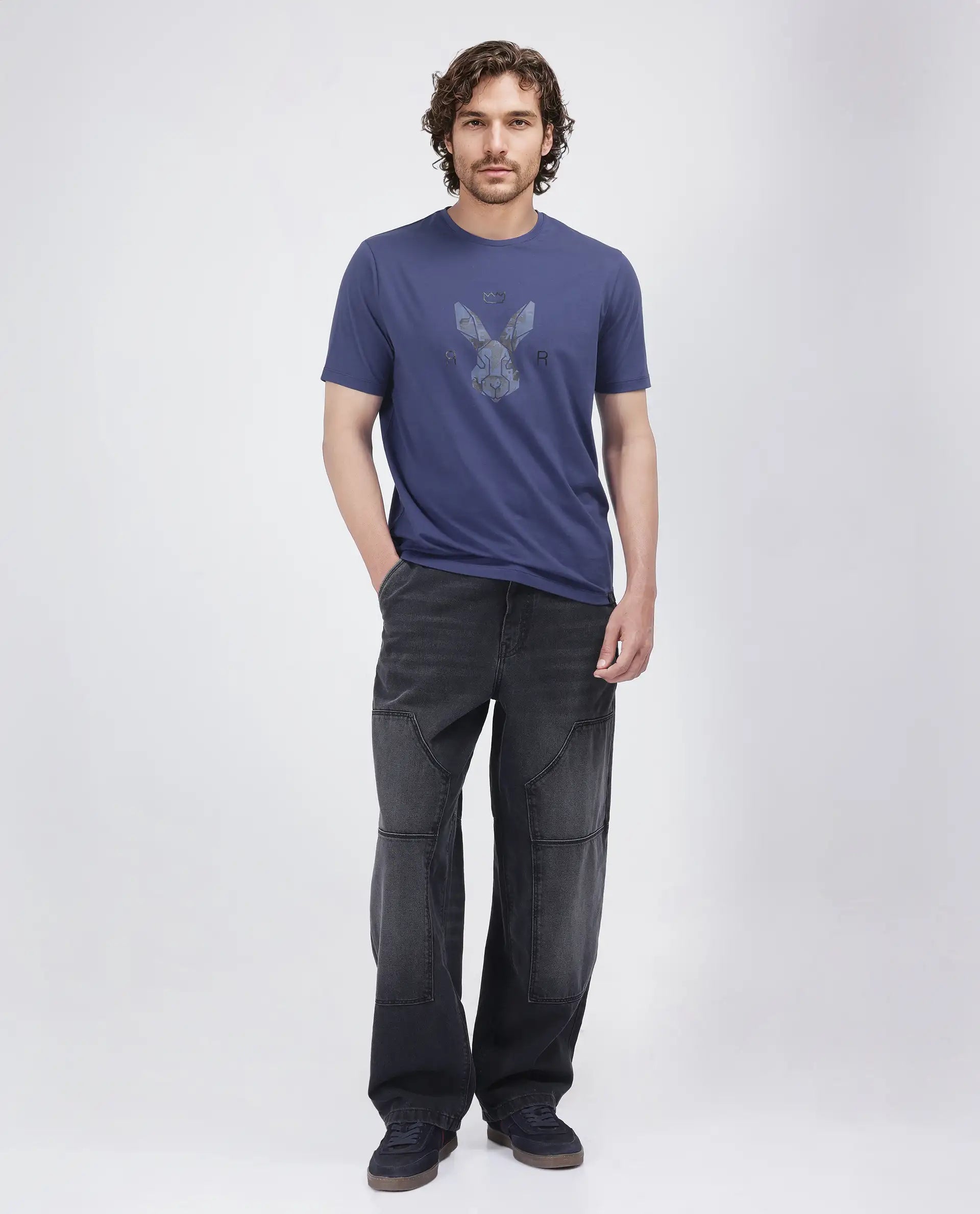 Rare Rabbit Men's Qaz Dark Blue Cotton Blend Graphic Print Regular Fit Half Sleeve Crew Neck T-Shirt