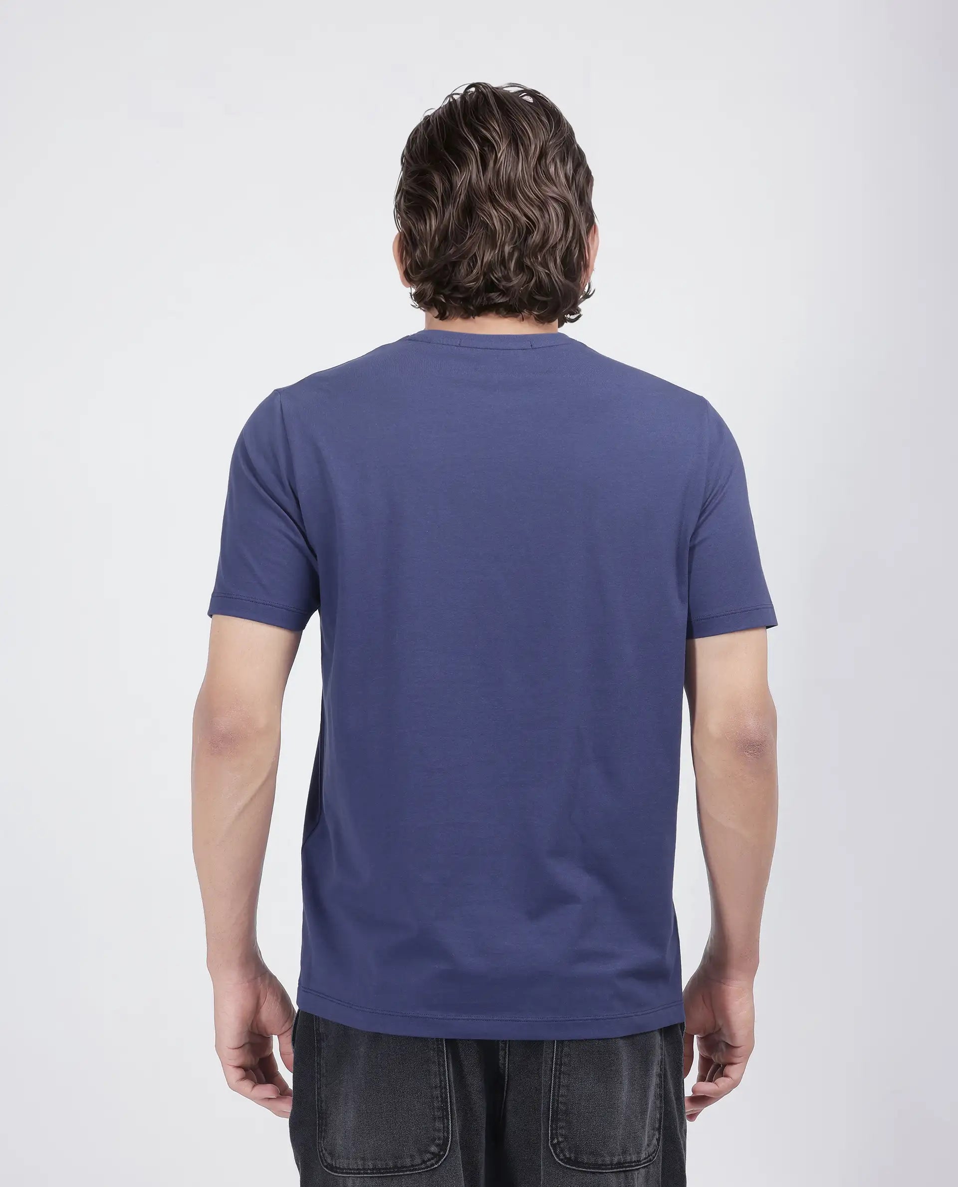Rare Rabbit Men's Qaz Dark Blue Cotton Blend Graphic Print Regular Fit Half Sleeve Crew Neck T-Shirt