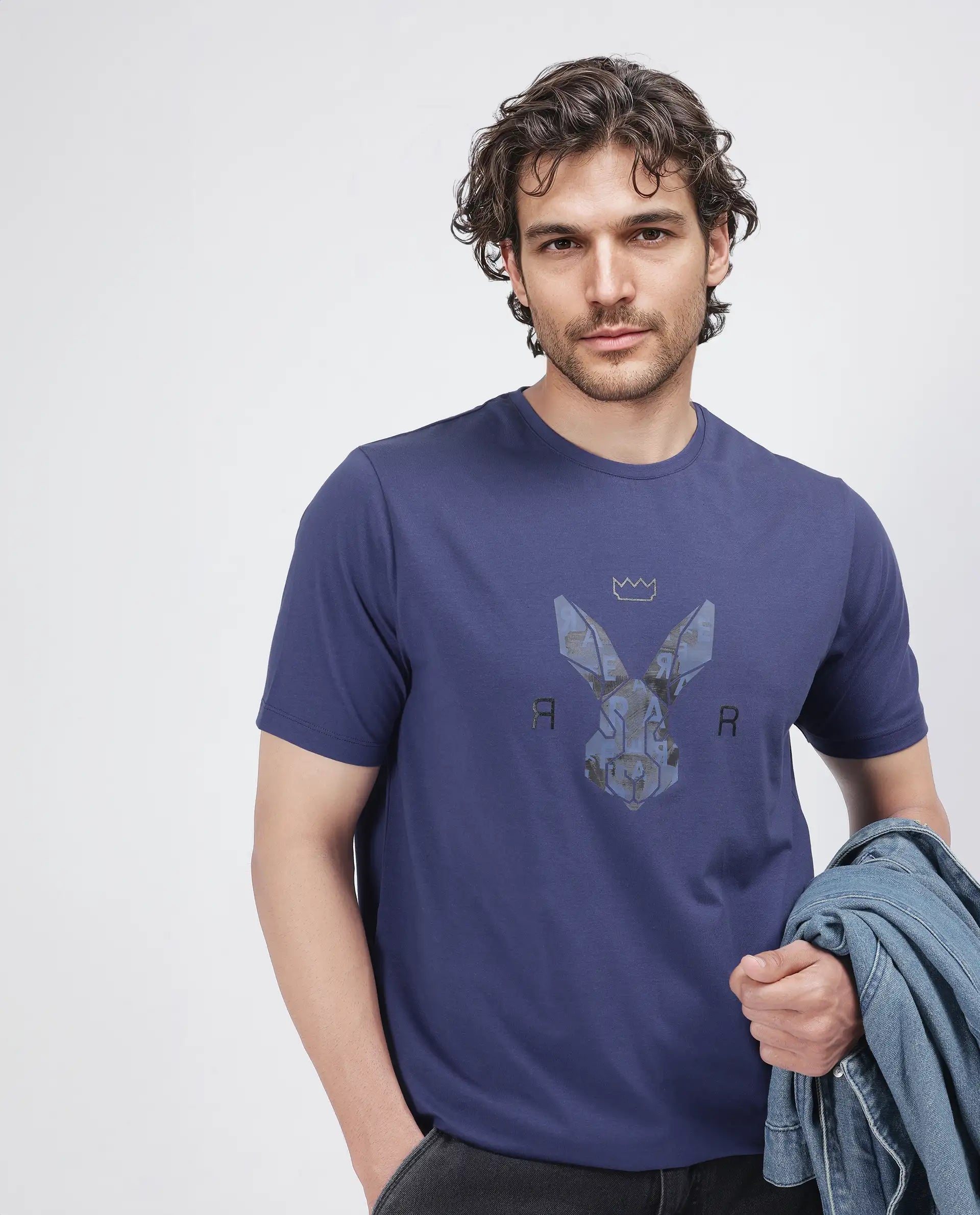 Rare Rabbit Men's Qaz Dark Blue Cotton Blend Graphic Print Regular Fit Half Sleeve Crew Neck T-Shirt