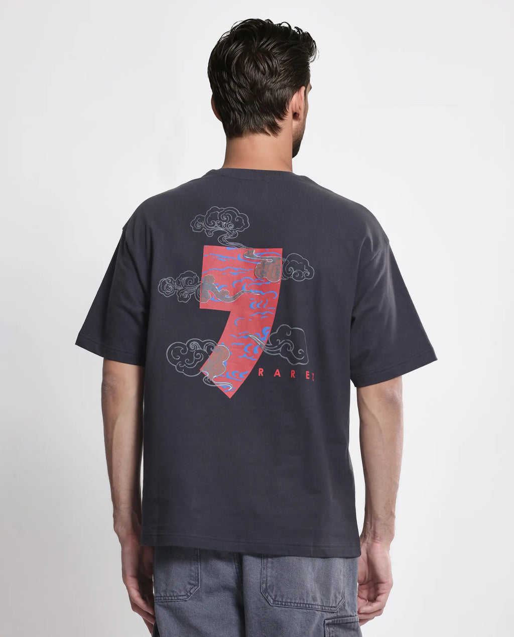 Rare Rabbit Men's Quote Dark Grey Cotton Graphic Print Oversized Fit Half Sleeve Crew Neck T-Shirt