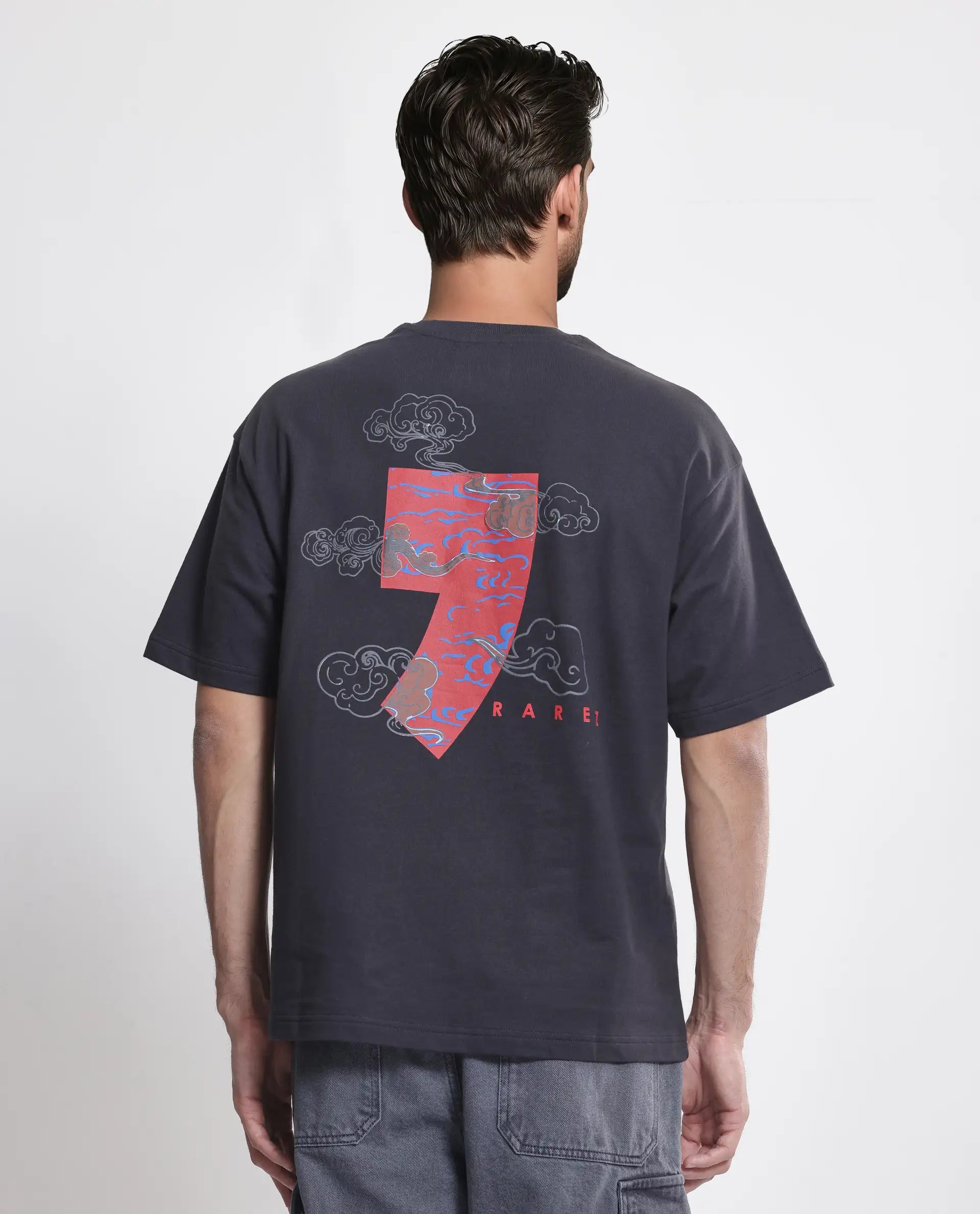 Rare Rabbit Men's Quote Dark Grey Cotton Graphic Print Oversized Fit Half Sleeve Crew Neck T-Shirt