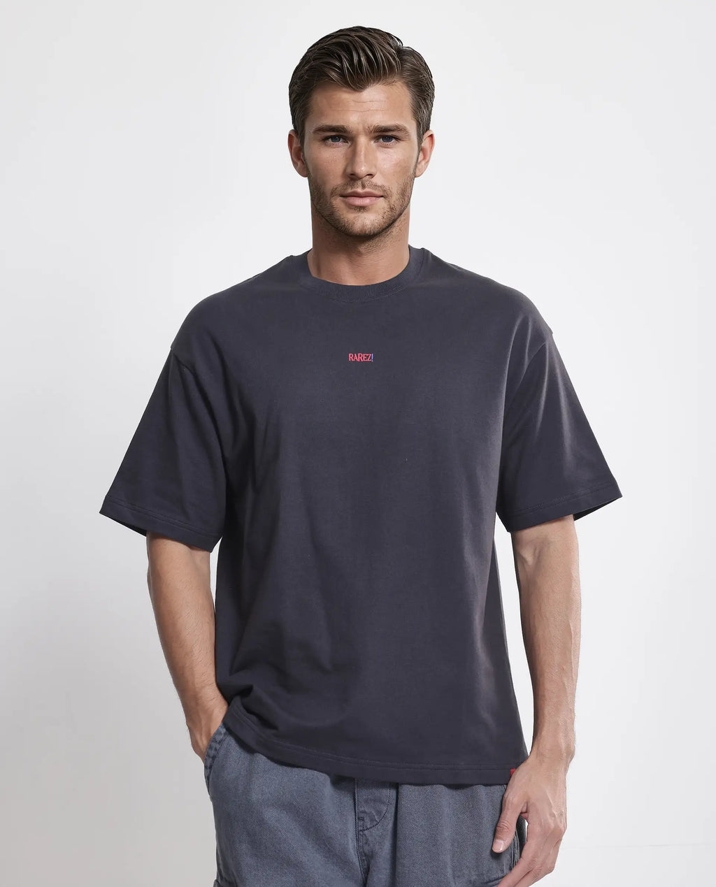 Rare Rabbit Men's Quote Dark Grey Cotton Graphic Print Oversized Fit Half Sleeve Crew Neck T-Shirt