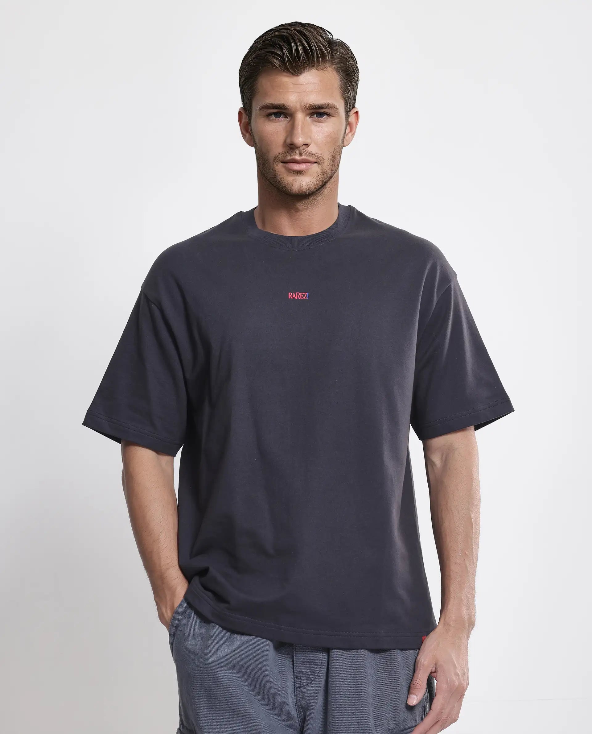 Rare Rabbit Men's Quote Dark Grey Cotton Graphic Print Oversized Fit Half Sleeve Crew Neck T-Shirt