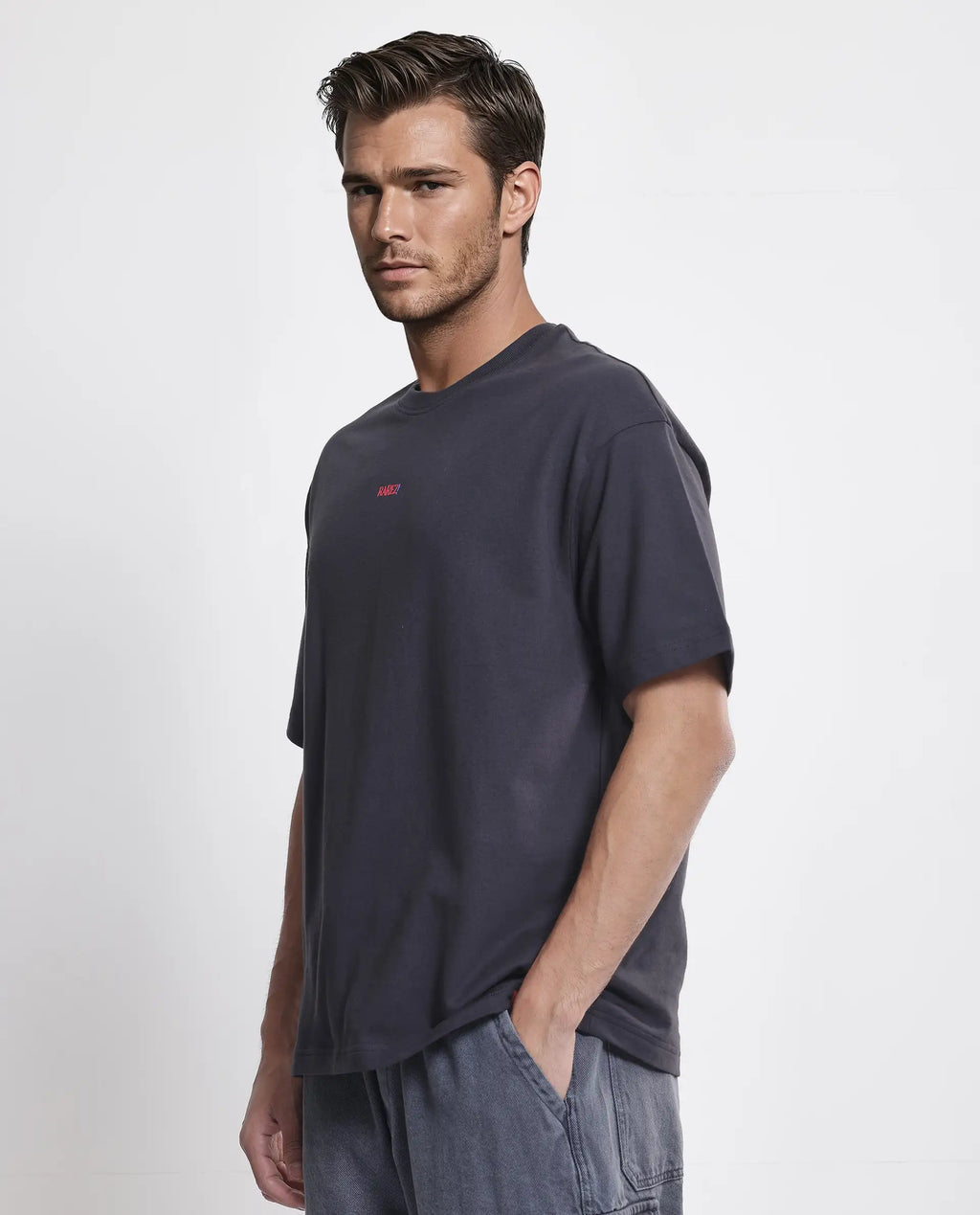 Rare Rabbit Men's Quote Dark Grey Cotton Graphic Print Oversized Fit Half Sleeve Crew Neck T-Shirt
