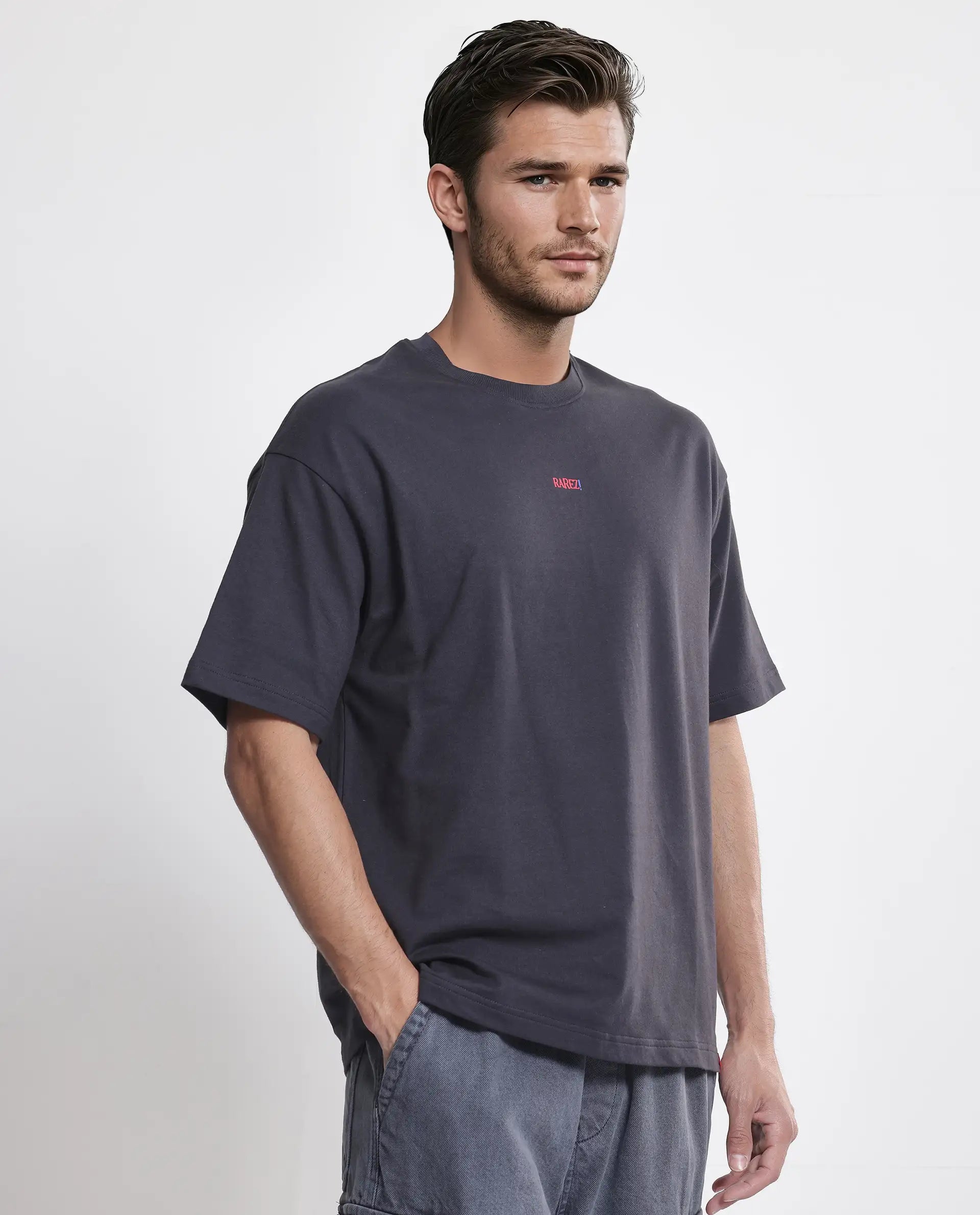 Rare Rabbit Men's Quote Dark Grey Cotton Graphic Print Oversized Fit Half Sleeve Crew Neck T-Shirt