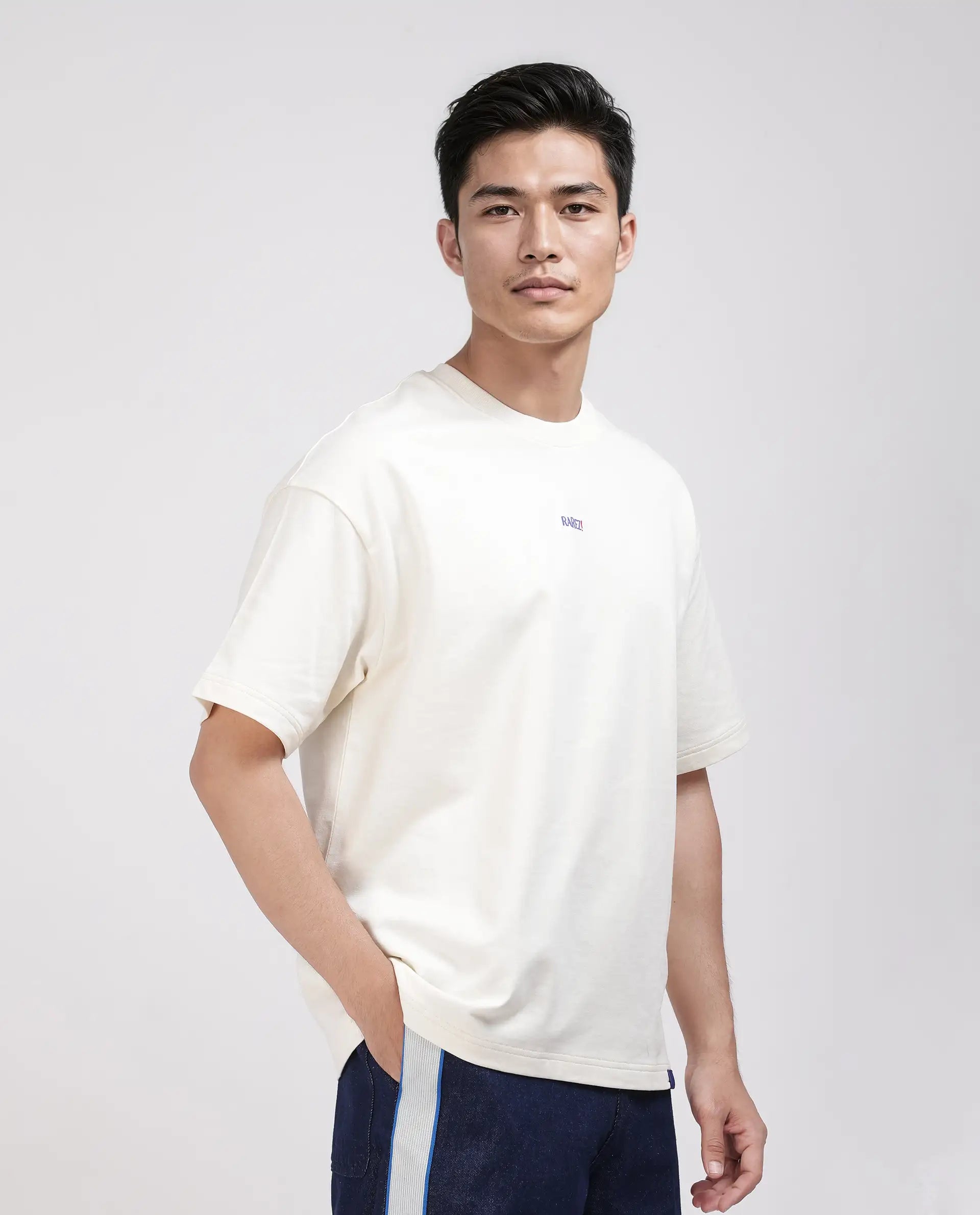 Rare Rabbit Men's Quote Off White Cotton Graphic Print Oversized Fit Half Sleeve Crew Neck T-Shirt