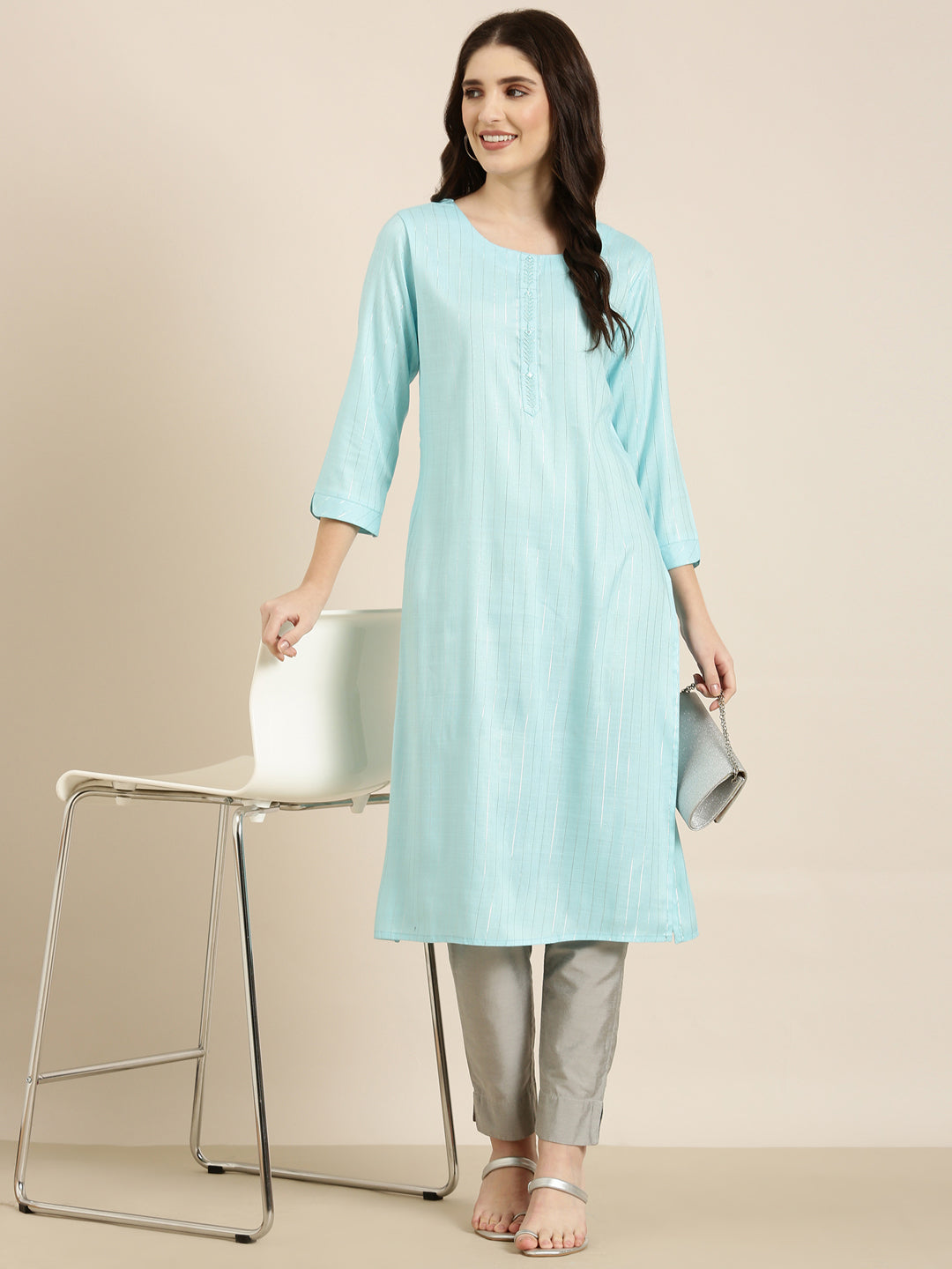 Women's Blue Striped Straight Kurta