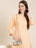 Women's Peach Striped Embellished Straight Kurta