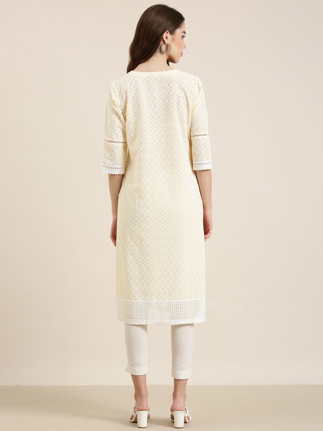 Women's Yellow Floral Embroidered Cotton Straight Kurta