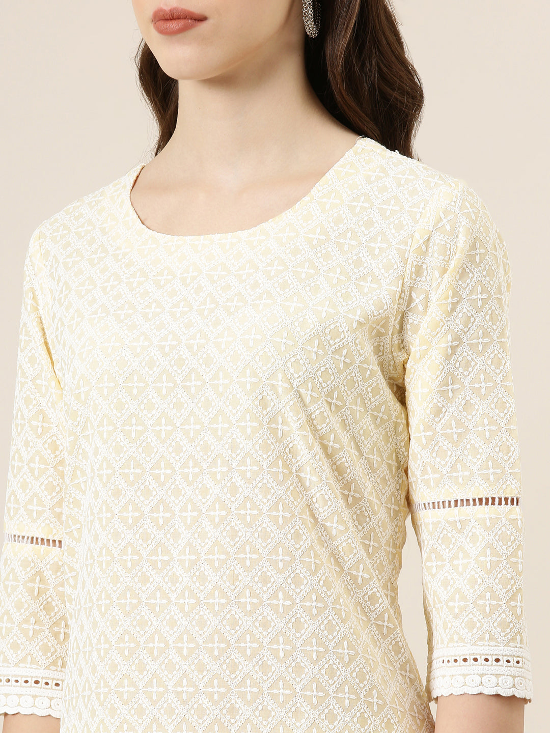 Women's Yellow Floral Embroidered Cotton Straight Kurta