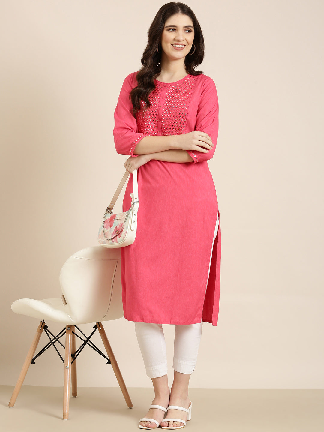 Women's Pink Geometric Yoke Design Mirror Work Straight Kurta