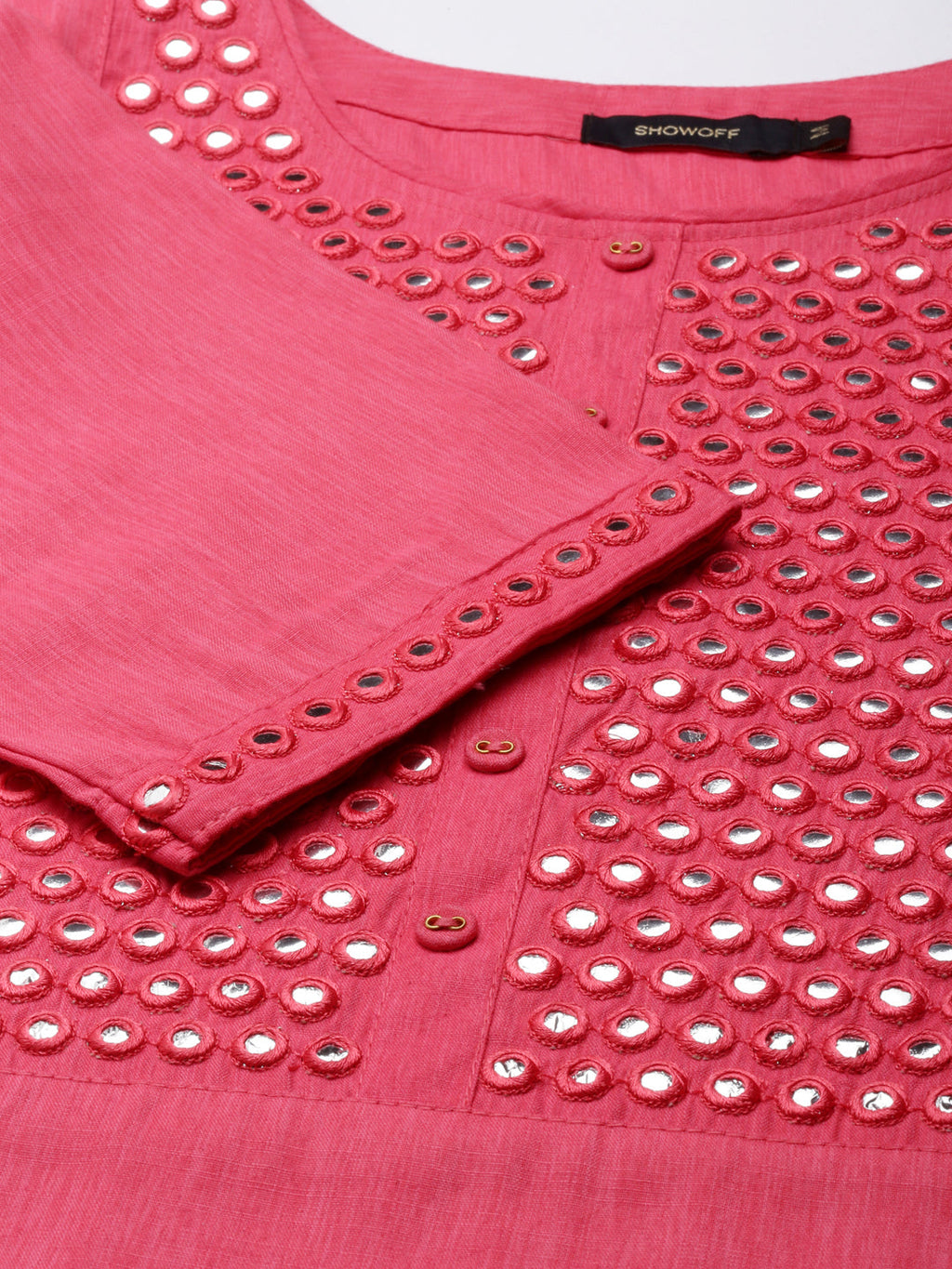 Women's Pink Geometric Yoke Design Mirror Work Straight Kurta