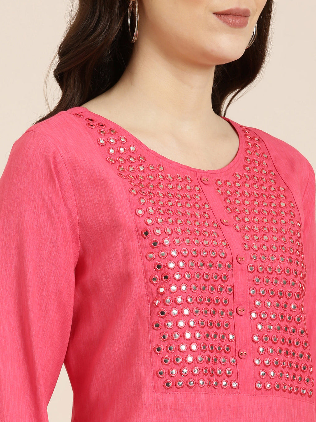 Women's Pink Geometric Yoke Design Mirror Work Straight Kurta