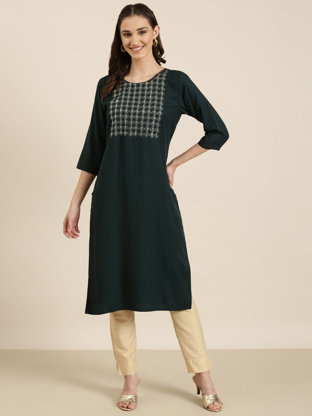 Women's Teal Floral Sequinned Straight Kurta