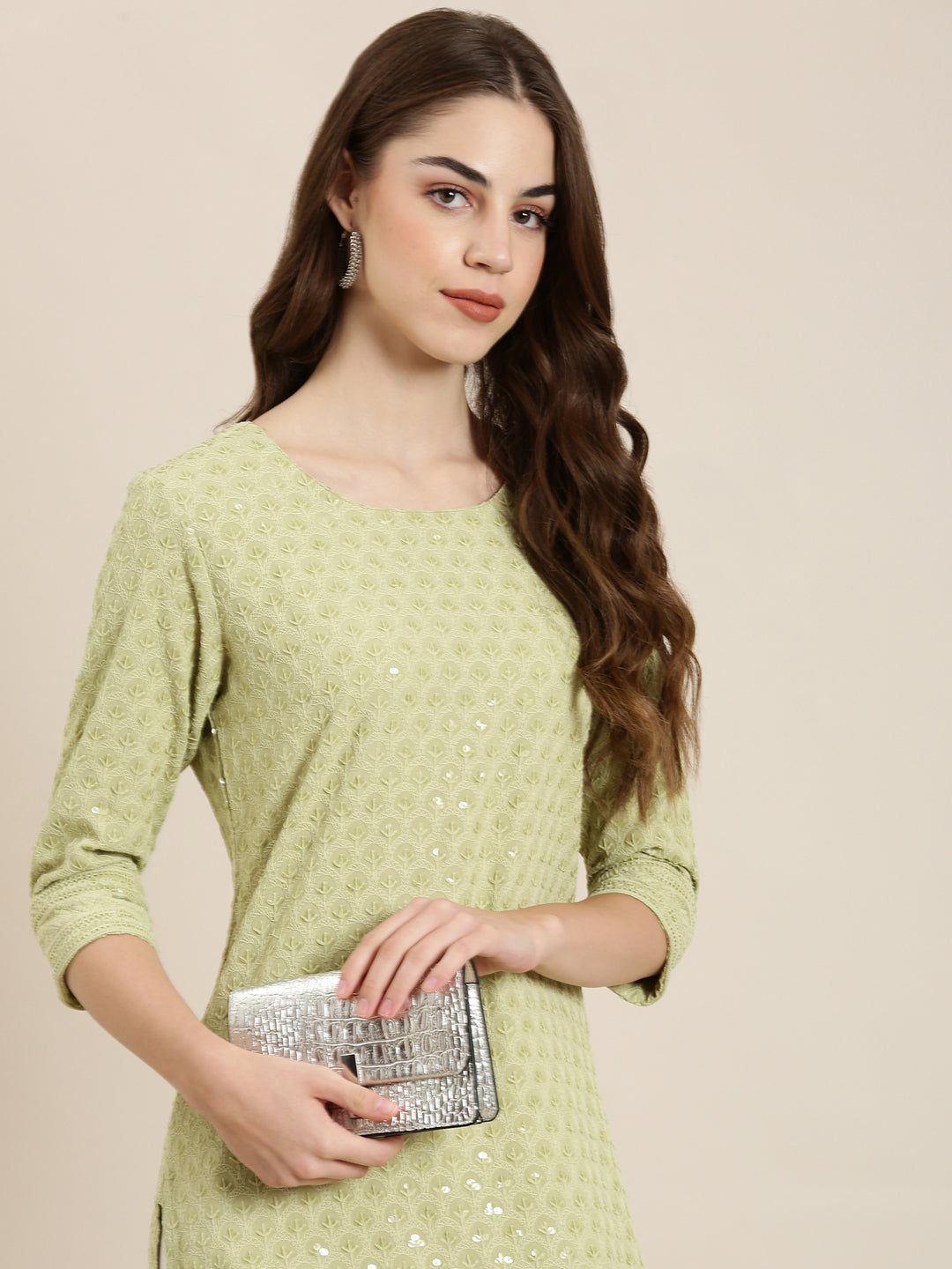 Women's Lime Green Floral Embroidered Sequinned Cotton Straight Kurta