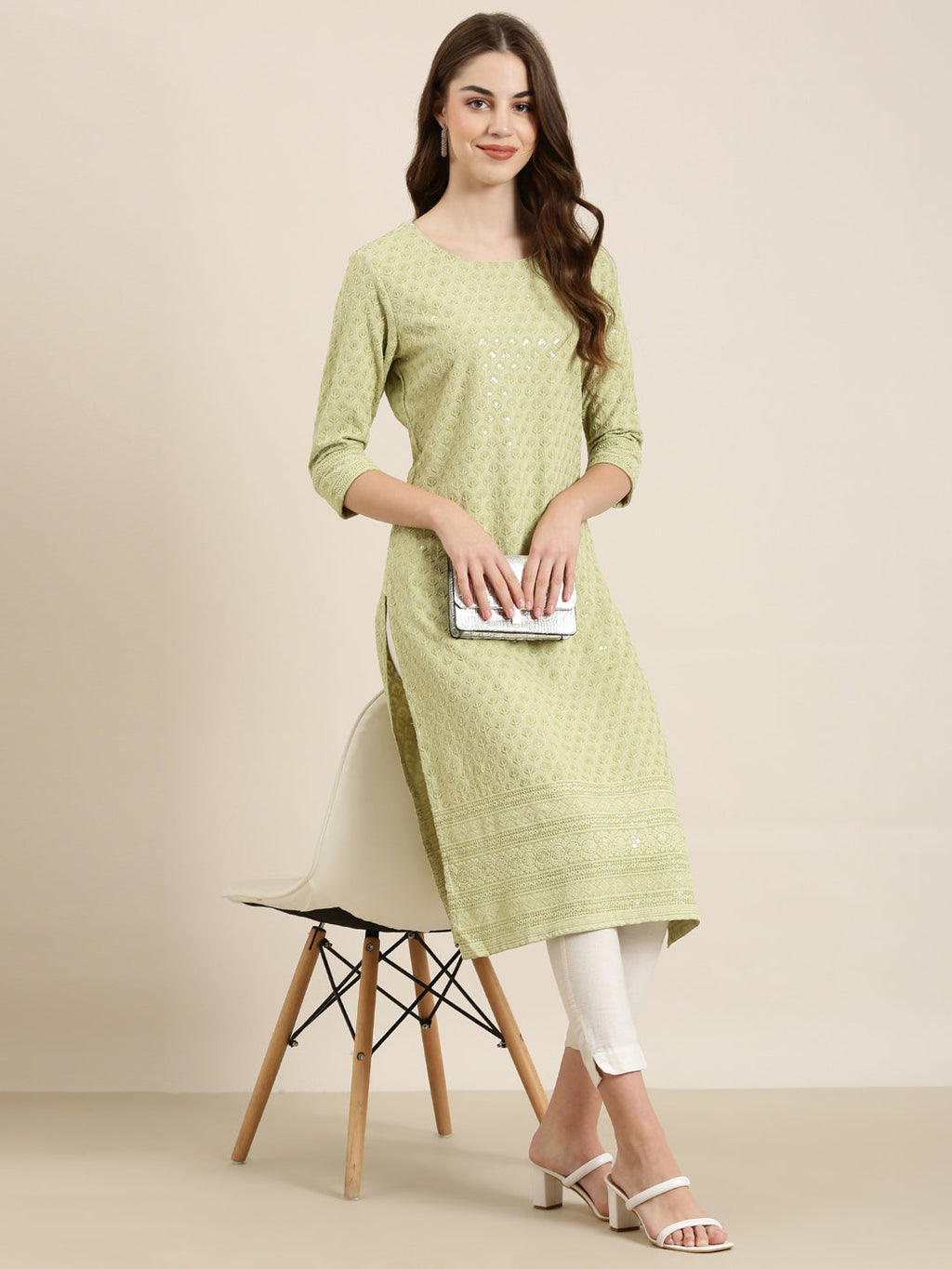Women's Lime Green Floral Embroidered Sequinned Cotton Straight Kurta