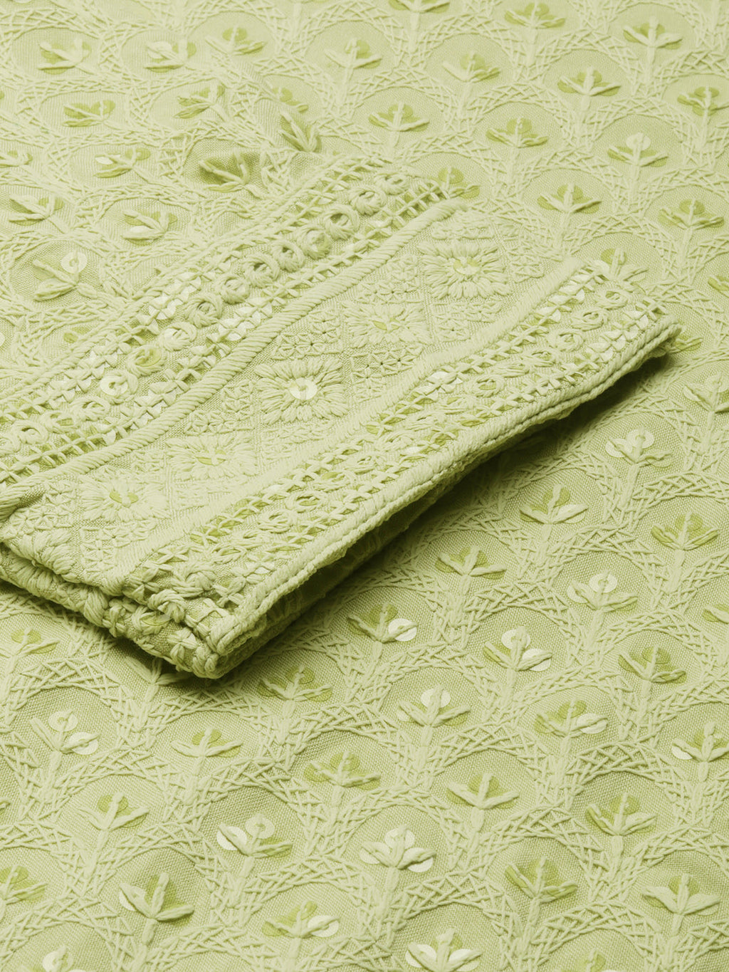 Women's Lime Green Floral Embroidered Sequinned Cotton Straight Kurta