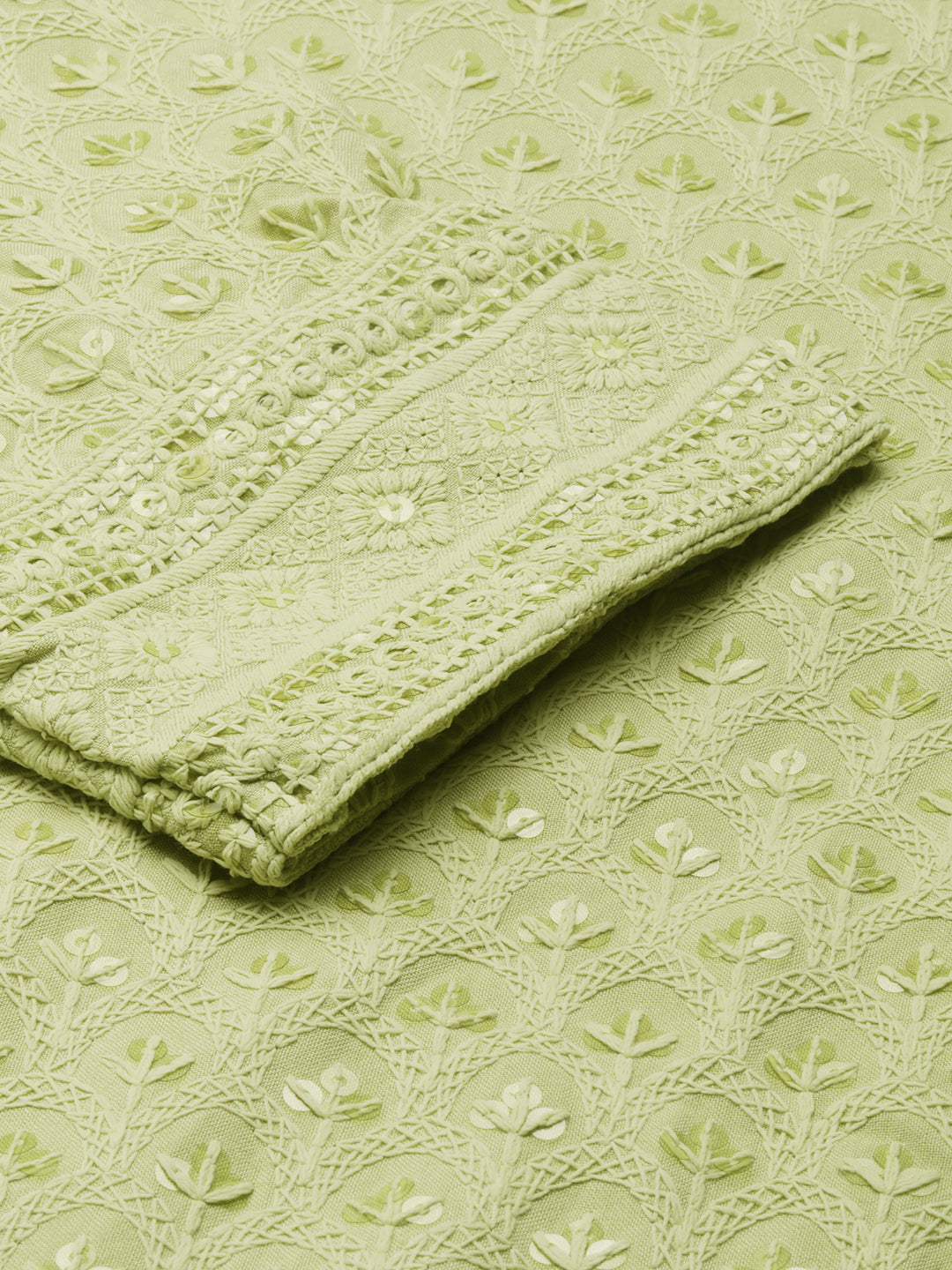 Women's Lime Green Floral Embroidered Sequinned Cotton Straight Kurta