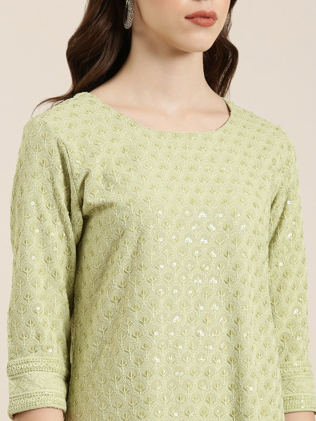 Women's Lime Green Floral Embroidered Sequinned Cotton Straight Kurta