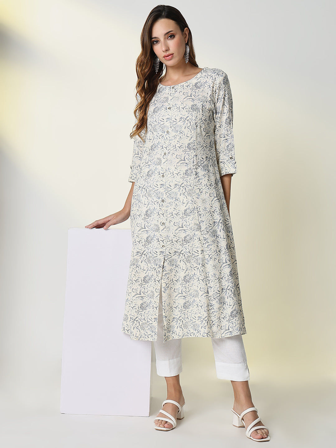 Women's Cream Floral A-Line Kurta