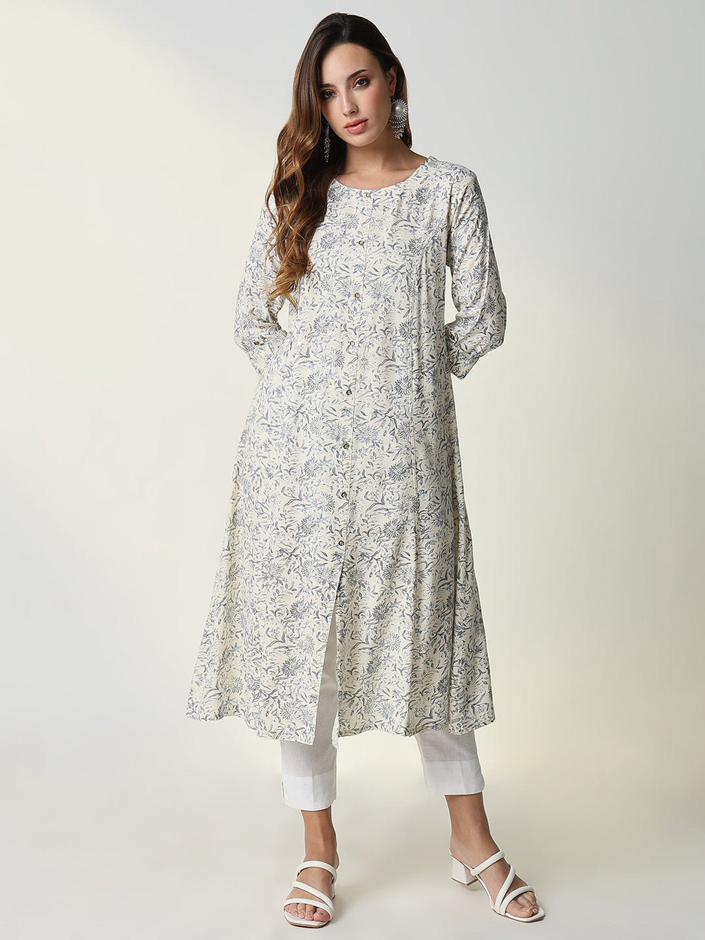 Women's Cream Floral A-Line Kurta