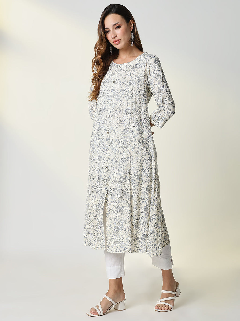 Women's Cream Floral A-Line Kurta