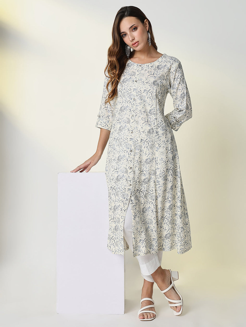 Women's Cream Floral A-Line Kurta