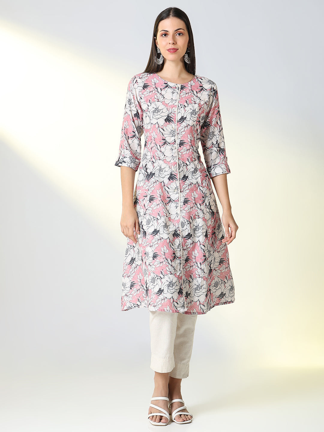 Women's Pink Floral A Line Kurta