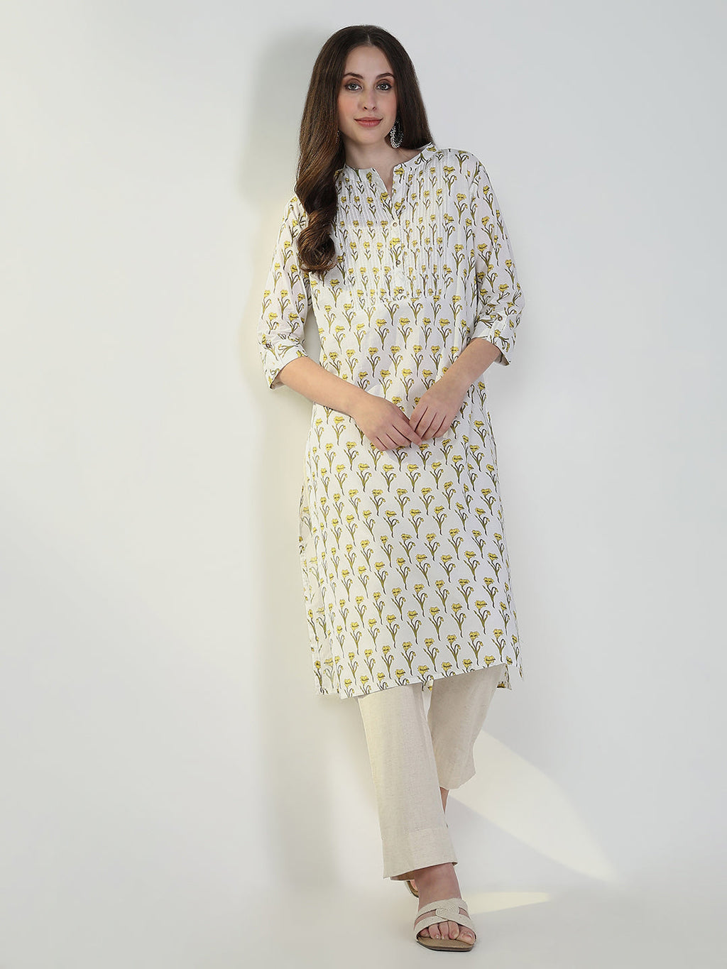 Women's Cream Floral Straight Kurta
