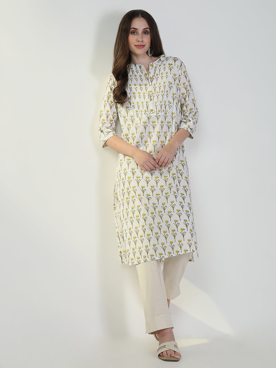 Women's Cream Floral Straight Kurta