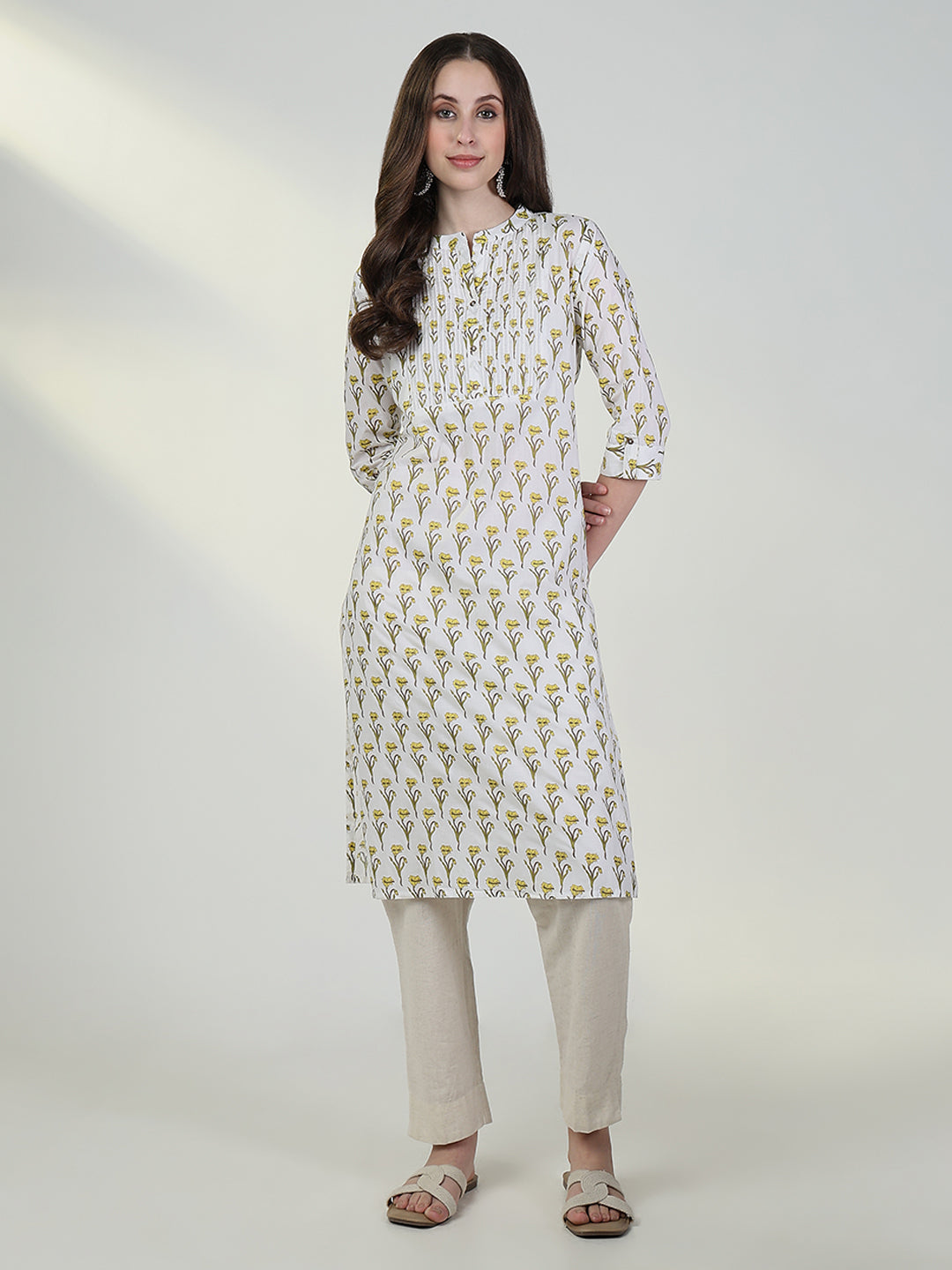 Women's Cream Floral Straight Kurta